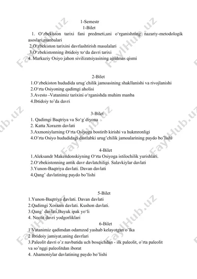 o‘zbekiston tarixi savollar — DOCX