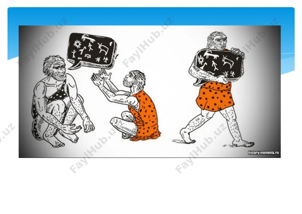 ndir; o`sha davrdagi tilga xos so`zlar butun boshli voqea-hodisani ifodalagandir. o`sha davrdainsonning tovush chiqaradigan a’zolari hozirgidek takomillashmagani uchun nutqda dastlab paydo bo`lgan so`zlarning talaffuzi aniq bo`lmagan. demak, mehnat qilish, mehnat qurollarini yasash jarayonida odamlar jamoasi borgan sari uyushib boradi, natijada kishilik jamiyatining ilk ko`rinishlari vujudga keladi. hayvonot dunyosidan ajralib chiqqan odamlarda jamoa bo`lib mehnat qilish jarayonida bir –birlariga nimadir deyish ehtiyoji tug`iladi. ana shu zaruriy ehtiyoj tilning yaralishiga sabab bo`ladi. image2.jpg image3.png