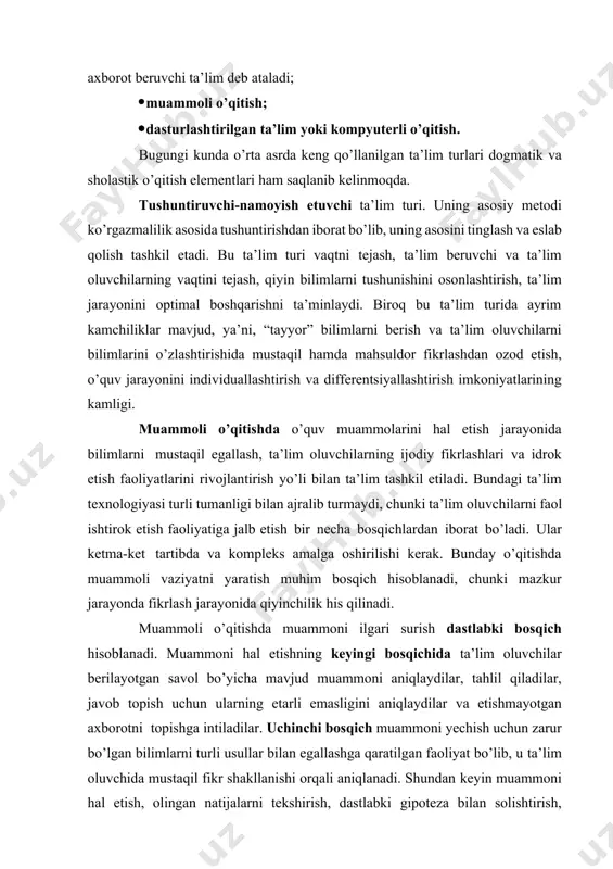 oblanadi. muammoni hal etishning keyingi bosqichida ta’lim oluvchilar berilayotgan savol bo’yicha mavjud muammoni aniqlaydilar, tahlil qiladilar, javob topish uchun ularning etarli emasligini aniqlaydilar va etishmayotgan axborotni topishga intiladilar. uchinchi bosqich muammoni yechish uchun zarur bo’lgan bilimlarni turli usullar bilan egallashga qaratilgan faoliyat bo’lib, u ta’lim oluvchida mustaqil fikr shakllanishi orqali aniqlanadi. shundan keyin muammoni hal etish, olingan natijalarni tekshirish, dastlabki gipoteza bilan solishtirish, egallangan bilimlar, malakalarni tizimlashtirish va umumlashtirish jarayonlari amalga oshiriladi. muammoli topshiriqlar savollar, o’quv masalalari, amaliy vaziyatlardan iborat bo’lishi mumkin. muammoli savolda javoblar izlash turli variantlarda bo’lishi mumkin. muammoli masala esa uni yechish yo’llarini mustaqil izlashga intilishni yuzaga keltiruvchi o’quv-o’rganish topshirig’idir. muammoli masala asosini mavjud bilimlar o’rtasidagi qarama- qarshiliklar tashkil etadi. o’qish jarayonida muammoli vaziyat sub’ekt (ta’lim oluvchi) o’zi uchun qiyin bo’lgan masalani yechishga qiziqishi, ammo unga ma’lumotlar yetishmasligi va uning o’zi ularni izlab topishi zarurligini ko’zda tutiladi. muammoli o’qitishning afzalliklari: shaxsiy ijodiy faoliyatni tashkil etish asosida bilimlarni …