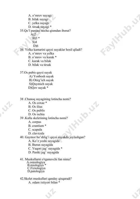 haklar b. 12 barmoqli, ko’ndalang, to’g’ri ichaklar c. och, yonbosh va sigmasimon d.12 barmoqli, och va yonbosh ichaklar * 62. 12 barmoqli ichakning lotin tilida aytilishi. a. duodenum * b. gaster c. pharunx d. larinx 63. 12 barmoqli ichakning uzunligi necha sm? a. 10-15 sm b. 20-25 sm c. 25-30 sm * d. 35-40 sm 64. yo’g’on ichakning lotin tilida aytilishi. a. intestinum tenue b. intestinum crissum * c. rectum d. caecum 65. ovqat hazm qilish sistemasining qaysi bo’limida suvning asosiy qismi suriladi va kletchatka parchalanadi? a. oshqozon b. ingichka ichak c. yo’g’on ichak * d. to’g’ri ichak 66.jigar hujayrasi nima deyiladi? a. gastrit b. ezofagit s. miotsit d. gepatatsit * 67. jigarning lotin tilida aytilishi? a. gaster b. hepar * c. ren d. pancreas 68. jigar organizmda qanday vazifalarni bajaradi? a. gormon ishlab chiqaradi, vitamin k hosil bo’ladi, qon yaratadi, glyukozani glikogenga aylantiradi b. o’t ishlab chiqaradi, ovqat hazm …