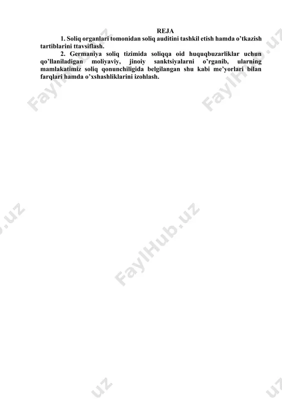 im etilmasligi yoki asosnomalarning yetarli emas deb belgilanishi: kameral soliq tekshiruvi natijasida aniqlangan tafovutlar yuzasidan soliq to’lovchi tomonidan asoslovchi hujjatlarni soliq organlariga belgilangan muddatda taqdim etmaslik yoki tavofutlar mavjud bo’lgan taqdirda aniqlashtirilgan soliq hisobotlarini taqdim etmaslik soliq auditi tayinlanishiga sabab bo’luvchi asosiy omillardan biri bo’lib hisoblanadi. · yuridik shaxslarning ixtiyoriy tugatilishi (soliq maslahatchilari tashkilotlarining soliqlar bo’yicha xulosalari mavjud bo’lgan soliq to’lovchilar bundan mustasno); yuridik shaxslarning ixtiyoriy ravishda (korxonani yopish) tugatilishi to’g’risida ro’yxatdan o’tkazuvchi organlarga ariza berilishi soliq auditi tayinlanishiga sabab bo’ladi. biroq bugungi kunda amaliyotda soliq auditi o’tkazilmasdan yuridik shaxslarni tugatish holatlari mavjud bo’lib, ya’ni vazirlar mahkamasining 2021 yil 2 noyabrdagi 664-son qarori asosida soliq to’lovchilar yillik aylanmasi oxirgi uch yil mobaynida 1 mlrd so’mgacha bo’lgan soliq to’lovchilar (tavakkalchilik darajasi yuqori bo’lgan soliq to’lovchilar bundan mustasno) soliqlarga doir xulosa berish huquqiga ega bo’lgan “soliq maslahatchilari” tashkilotlarining xulosalari asosida tugatilishi mumkin. · soliq to’lovchilarning jinoyat ishlari bo’yicha moliya-xo’jalik faoliyatining taftish qilinishi …