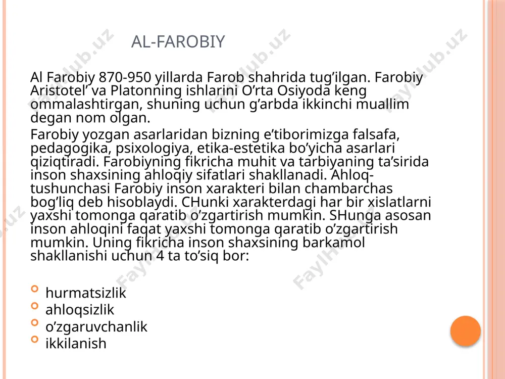 o’ldiriladi, deb ta’kidlaydi. uningbu fikrlarini undan 200 yil ilgari , keyin buyuk ingliz faylasufi djon lokk «tabula roza» ta’limoti bilan fanga kiritadi, demak o’rta osiyo mutafakkirlari o’zlarining ilmiy dunyoqarashlari bilan jahon fani taraqqiyotiga va uning rivojlanishiga salmoqli hissa qo’shgan foydalanilgan adabiyotlar ro`yxati. m.g.yaroshevskiy “istoriya psixologii” moskva. www.ziyonet.uz www.genderi.org e`tiboringiz uchun rahmat! image2.png image3.png image4.png image5.png image6.png /docprops/thumbnail.jpeg
