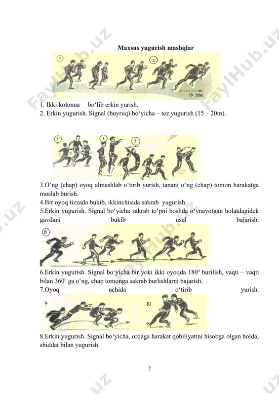 ap tomonga sakrab burlishlarni bajarish. 7.oyoq uchida o‘tirib yurish. 8.erkin yugurish. signal bo‘yicha, orqaga harakat qobiliyatini hisobga olgan holda, shiddat bilan yugurish. 9.o‘tirgan holatdan (cho‘kkalab) juft oyoqda sakrash («qurbaqacha sakrash»). 10.ikki kishi bir – biriga ketma – ket turadi, biri qo‘llarini sherigining elkasiga qo‘yadi va uni belgilangan joyga surib chiqarishga urinadi, sherigi esa unga qarshilik qiladi. 11.«juftlikda quvlamachoq». har qaysi juftlik sherigining qo‘lidan ushlagan holda qolgan juftliklarni ortda qoldirishi kerak. variantlar: a – shiriklardan biri («chavandoz») ikkinchisining ekasiga o‘tirgan holda yugurish; v – («chavandozlar») sherigini ortida opchilab olgan holda yugurish; s – juftlikdan biri qo‘llariga tayanadi, ikkinchisi uning oyoqlaridan tutgan holda oldinga harakatlanadi («aravakash»). 12.oyoqlarni baland ko‘tarib erkin yugurish. 13.yurish jarayonida (davomida) nafas mashqlari. uslubiy ko‘rsatma: har bir mashq 8 – 10 marta takrorlanadi 2. voleybol oʻyinida harakatlanish texnikasini oʻrgatish. (dastlabki holatda turish, burilish, sakrash, yugurish) turish va siljishni o‘rgatish. turish va siljishni o‘rgatishni shug‘ullanuvchilarning dastlabki holati (turish) va siljishni …