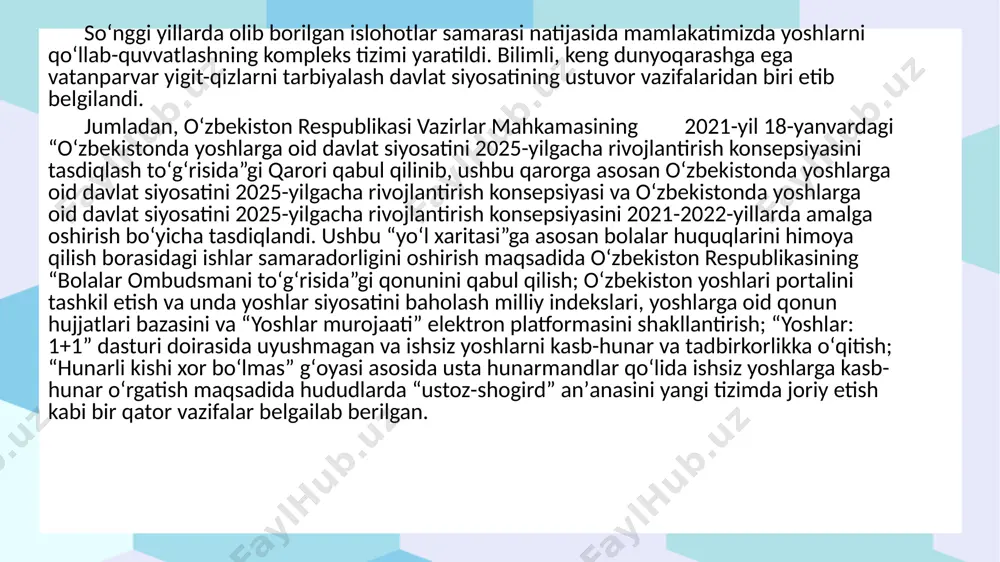 hsiz va kasb-hunarga ega boʻlmagan, huquqiy va maʼnaviy-psixologik qoʻllab-quvvatlashga zarurati boʻlgan fuqarolarga davlat tomonidan manzilli koʻmaklashish boʻyicha “yoshlar daftari” tizimi amaliyotga joriy etildi. shuningdek, oʻzbekiston respublikasi vazirlar mahkamasining 2022-yil7-iyundagi “yoshlar muammolarini oʻrganish va hal etish tizimini yanada takomillashtirish chora-tadbirlari toʻgʻrisida”gi 312-sonli qaroriga asosan “yoshlar daftari”ga kiritilgan yoshlarni qoʻllab-quvvatlash jamgʻarmasi toʻgʻrisidagi namunaviy nizom tasdiqlandi. “yoshlar daftari” jamgʻarmasi mablagʻlari quyidagilarga: “yoshlar daftari”ga kiritilgan moddiy ahvoli qiyin yoshlarga bhmning 4 baravarigacha miqdorda bir martalik moddiy yordam koʻrsatishga; yoshlarni tadbirkorlik va kasb-hunarga oʻqitish boʻyicha nodavlat taʼlim tashkilotlariga sarflanadigan xarajatlarning 75 foizigacha qismini qoplashga; “yoshlar daftari”ga kiritilgan yoshlarga tadbirkorlik faoliyati hamda oʻzini-oʻzi band qilish maqsadida noturar joyning 12 oygacha ijara xarajatlarini koʻpi bilan bir yilda bhmning 25 baravarigacha miqdorda qoplashga; “yoshlar daftari”ga kiritilgan yoshlarga tadbirkorlik faoliyatini boshlash va oʻzini-oʻzi band qilishga zarur boʻlgan asbob-uskunalar va mehnat qurollarini xarid qilish uchun bhmning 40 baravarigacha miqdorda subsidiya ajratishga; mamlakatimizdagi otmda oʻqiyotgan “temir daftar”ga kiritilgan oilalar farzandlari toʻlov-kontrakt …