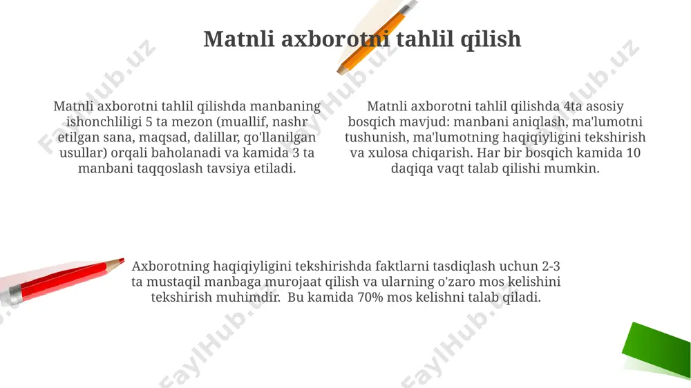 , ko'pincha 2-3 ta asosiy g'oya atrofida quritadi va odamlarning his-tuyg'ulariga, masalan, vatanparvarlik yoki qo'rquvga ta'sir qilish orqali ma'lum bir fikrni singdirishga qaratilgan. manipulyatsiya esa, yolg'on yoki noto'g'ri ma'lumotlar orqali, odamlarni o'z manfaatlariga xizmat qiluvchi qarorlar qabul qilishga majburlashga urinishni o'z ichiga oladi; bu ko'pincha 5 dan ortiq turli vositalar orqali amalga oshiriladi. axborotni tanqidiy tahlil qilish manbaning obro'-e'tiborini, avtorning mutaxassisligini va ma'lumotning boshqa manbalar bilan mosligini tekshirish orqali axborotning ishonchliligini 30% ga oshirish mumkin. axborotni tahlil qilishda havolalar va dalillarning mavjudligini tekshirish zarur. kamida 2 ta mustaqil manbadan tasdiqlangan axborotga ishonish maqsadga muvofiq. axborotni tanqidiy tahlil qilishda 5w1h (kim, nima, qaerda, qachon, nega, qanday) savollarini berish orqali axborot manbasining ishonchliligini baholash muhimdir. bu 6 ta omil axborotning to'liqligi va haqqoniyligini aniqlashga yordam beradi. fakt va fikrni ajratish ma'lumot manbalarining kamida 3 tasini tekshirib, ularning mos kelishini va ishonchliligini baholash orqali fakt va fikrni ajratish mumkin. faktlarni tekshirish va manbalarni …