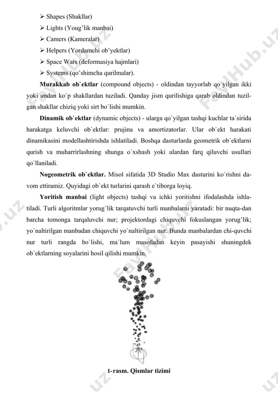 qarash e`tiborga loyiq. yoritish manbai (light objects) tashqi va ichki yoritishni ifodalashda ishla- tiladi. turli algoritmlar yorug`lik tarqatuvchi turli manbalarni yaratadi: bir nuqta-dan barcha tomonga tarqaluvchi nur; projektordagi chiquvchi fokuslangan yorug’lik; yo`naltirilgan manbadan chiquvchi yo`naltirilgan nur. bunda manbalardan chi-quvchi nur turli rangda bo`lishi, ma`lum masofadan keyin pasayishi shuningdek ob`ektlarning soyalarini hosil qilishi mumkin. 1- rasm. qismlar tizimi 2- rasm. yoritishni tashkil etish kameralar (cameras) - kadr tekisligida ob`ekt aksini to`liq nazorat qilish im- konini beradi. uning eng asosiy tavsifi, ko`rish maydonini aniqlovchi kamera ob`ektivining foks masofasidir. bu ikki parametr o`zaro bog`liq va mos ravishda gradus va millimetrlarda o`lchanadi. yana bir muhim tavsif bu qirqim tekisligidir. u sahna qismining ko`rinish masofasini aniqlaydi. fazoni bukuvchilar (space warps) ob`ektlarga tashqi kuchlar ta`sirini ifoda- laydi, bu - ma`lum ob`ektlarga ta`sir ko`rsatuvchi kuchlar maydoni deformasiyasi, yoki ob`ekt bo`laklarini sochib yuboruvchi zarbdor to`lqinlarni keltirish mumkin. 3- rasm. tana a`zolariga ajratildi nazorat uchun savollar 1. video post …