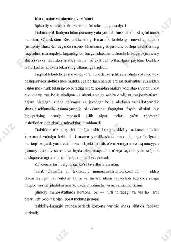mexanizmlar tizimi; ijtimoiy munosabatlarda korxona, bu — turli toifadagi va vazifa- larni bajaruvchi xodimlardan iborat mehnat jamoasi; tashkiliy-huquqiy munosabatlarda korxona yuridik shaxs sifatida faoliyat yuritadi; moliyaviy-iqtisodiy munosabatlarda korxona, bu — tarmoqning mustaqil bo‘g‘ini sifatida o‘zini o‘zi moliyalashtiradigan va boshqaradigan bozor subyekti. korxona o‘ziga xos bo‘lgan ma’lum xususiyatlarga ega: birinchidan, korxona o‘ziga tegishli va xo‘jalik boshqaruvidagi alohida mulkka ega bo‘lib, ushbu mulk uning faoliyati moddiy- texnikaviy imkoniyatlarini, iqtisodiy mustaqilligi va ishonchliligini ta’minlaydi; ikkinchidan, korxona kreditorlar, jumladan, davlat bilan o‘zaro munosabatlardagi majburiyatlar yuzasidan o‘z mulki bilan javob berish xususiyatiga ega bo‘ladi; uchinchidan, korxona xo‘jalik aylanmasida o‘z nomidan harakat qilishi mumkin, ya’ni qonunga asosan, xo‘jalik faoliyati yurituvchi hamkorlar, mahsulot (ish, xizmat) iste’molchilari, xomashyo va asbob- uskuna yetkazib beruvchilar hamda boshqa huquqiy va jismoniy shaxslar bilan shartnoma tuzish huquqiga ega; to‘rtinchidan, korxona qonunchilikka asosan, sudda da’vogar va javobgar sifatida qatnashish huquqiga ega; beshinchidan, korxona mustaqil balans yoki smetaga ega bo‘lib, ishlab chiqarish va mahsulot …