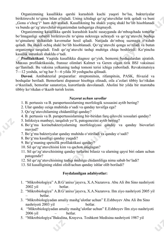 itoksik va antibakterial immunitetga bog‘liq. emizikli bolalar onadan o‘tgan passiv immuniteti bo‘lganligi sababli kasallanmaydilar. antitoksik immunitet borligini shik reaksiyasi yordamida aniqlanadi. reaksiyani qo‘yish uchun dengiz cho‘chqachasini o‘limga olib keluvchi minimal doza — 1/40 d/m 0,2 ml fiziologik eritmaga aralashtirilib bilakning ichki tomoniga yuboriladi. yuborilgan joyda 24—48 soatdan so‘ng 2 sm kenglikda qizarish va shish hosil bo‘lsa, qonda antitoksin yo‘qligidan dalolat beradi. qonda antitoksin bo‘lsa qizarish va shish bo‘lmaydi, chunki qondagi antitoksin yuborilgan toksinni neytrallaydi. kasallikdan so‘ng immunitet hosil bo‘ladi. lekin 6—7 % hollarda qayta kasallanish hollari kuzatiladi. тoksin qonda aylanib, yurak muskuli, buyrak usti bezi va nerv to‘qimasiga ta’sir ko‘rsatadi. bo‘g‘ma — bu toksikoinfeksiyadir. kasallikni og‘ir o‘tishi shtammning toksigenlik darajasi va organizmning himoya kuchiga bog‘liq. maxsus profilaktikasi. bolalar 1—2 oyligidan boshlab akds anatoksini bilan emlanadi. revaksinatsiya ads bilan olib boriladi. umumiy profilaktikasi. bemorlarni vaqtida aniqlash, tashxis qo‘yish, izolatsiya qilish. dezinfeksiya choralarini qilish. bakteriya tashuvchilarni aniqlash. davosi. antitoksik zardoblar bilan davolanadi, …
