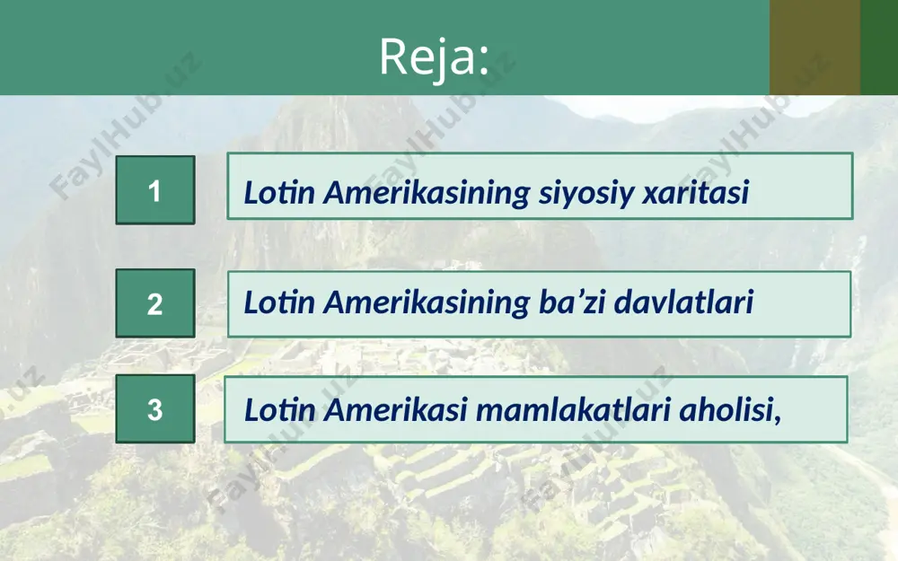 eft va neft mahsulotlari ulushi 20 foizdan ko‘proq bo‘lmoq da. lotin amerikasi mamlakatlariga jahon yoqilg‘i eksporti umumiy hajmining 8 foizga yaqin qismi to‘g‘ri keladi. mashinasozlik sanoati, asosan, braziliya, meksika va argentinada yaxshi rivojlangan bo‘lib, jahon xo‘jaligi miqyosida ko‘proq avtomobilsozlik, elektronika va elektrotexnika tarmoqlariga ixtisoslashgan. qishloq xo‘jaligi ham lotin amerikasi mamlakatlarning xalqaro ixtisoslashuvini ko‘p jihatdan belgilaydi. shakarqamish, kofe, banan, kakao, soya va paxta yetishtirish lotin amerikasi mamlakatlari qishloq xo‘jaligining eksportga yo‘naltirilgan eng muhim tarmoqlari hisoblanadi. kofe eksporti bo‘yicha jahonda braziliya yetakchilik qiladi. braziliya yassitog‘ligining janubi-sharqiy yonbag‘irlarida kofe plantatsiyalari katta maydon egallaydi ma’lumki, lotin amerikasi davlatlari rivojlanayotgan mamlakatlar blokiga mansub. mintaqa umumiy yimning 2/3 qismi to‘g‘ri keladigan braziliya, meksika va argentina tayanch rivojlanayotgan davlatlar guruhiga kiradi. image2.jpg image3.jpeg image4.jpeg image5.jpeg image6.jpeg image7.jpeg image8.jpeg image9.jpeg image10.jpeg image11.jpeg image12.jpeg image13.jpeg image14.jpeg image15.jpeg image16.jpeg image17.jpeg image18.jpeg image1.jpg