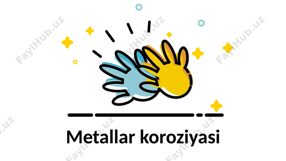 t eritmasiga tushirilganda uning bir jinsli bo`lmagan ayrim donalarida potentsial turlicha bo`ladi, metall massasi orqali orqali o`zaro tutashtirilganidan ko`pdan-ko`p mikrogalvanik elementlar hosil qiladi.. masalan ferrit bilan tsementitdan iborat po`lat (evtektoid po`lati) elektrolit eritmasiga tushirilsa, tsementit zarralari bilan ferrit zarralari mikrogalvanik elementlar hosil q.iladi, bunda ferrit zarralari anod rolini, tsementit zarralari esa katod rolini o`ynaydi, natijada ferrit eriy boradi, ya'ni po`lat elektroximiyaviy korroziyalanadi. korroziyani oldini olish usullari oldini olish usullari korroziyabardosh metallar bilan qoplash metalmaslar bilan qoplash agressiv muhitga ishlov berish elektrokimyoviy himoyalash legirlash korroziyabardosh metallar bilan qoplash. korroziyabardosh metallar sifatida xrom, nikel, rux, qalay, kadmiy, kumush va boshqalar ishlatiladi. metallmaslar bilan qoplash. metallmaslar bilan qoplash. usullari jumlasiga bo`yash, emallash (sirlash), oksidlash, fosfatlash va boshqalar kiradi. elektrokimyoviy x.imoyalash. bu usulning mohiyati shundan iboratki, elektr o`tkazuvchi suyuklikda (elektrolitda) ishlaydigan metall kismlarga protektor ulanadi legirlash.legirlangan qotishmalardan tayyorlangan buyumlar juda agressiv muhitda ham korroziyabardosh bo`ladi. eʼtiboringiz uchun rahmat image1.emf image2.emf image3.emf image4.emf image5.emf image6.jpeg …