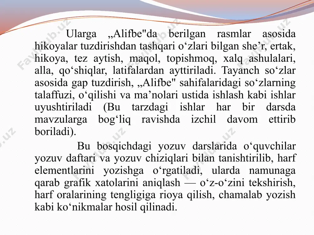 dek, o‘quvchilar lug‘atini boyitish, bog‘lanishli nutqini o‘stirish, bilimini boyitish, tafakkurini shakllantirish, eshitish, qabul qilish sezgisini o‘stirishda ham bu davr mas’uliyatliligi bilan alohida o‘rin tutadi. tayyorgarlik davri o‘qishga o‘rgatish uchun zamin hozirlaydi. bu davrda bolalarda o‘zgalar nutqini eshitish, diqqatni to‘plash, til birliklarini (tovush, bo‘g‘in, so‘z, gap) farqlash, ajratish, ularning vazifalarini anglash kabi xususiyatlar shakllantiriladi. bular o‘quvchilaming o‘qishni muvaffaqiyatli egallashlariga yordam beradi. o‘qishga o‘rgatish uchun, avvalo, o‘quvchi tovush va harf bilan yaxshi tanishtirilishi lozim. tovush va harf bilan tanishtirishda bo‘g‘indan tovushni ajratish tamoyiliga rioya qilinadi. o‘qishga o‘rgatishda bo‘g‘in asos qilib olinadi. buning uchun o‘qituvchida bo‘g‘in jadvali bo‘lishi lozim. bo‘g‘in jadvali asosida o‘qish namunasi ko‘rsatiladi, ya’ni harflab emas, ichida, birinchi harfni ko‘z bilan ko‘rib, uning nomini dilda saqlab, ikkinchi harfni ko‘rish va ikkalasini bog‘lab, unlini mo‘ljallab ulab aytish tushuntiriladi. bo‘g‘in oq‘ish o‘qituvchining namunasi asosida doimiy ravishda har bir darsda izchil olib boriladi. o‘qituvchining namunali o‘qishidan so‘ng birgalikda ovoz chiqarib o‘qish, yakka-yakka o‘qish, shiviriab …