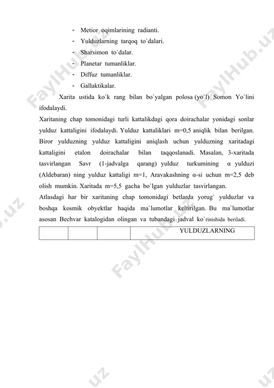 asta-sekin (asosan protsessiya tufayli) o`zgarib boradi. shuning uchun xaritalar setkasi va koordinatalar ma`lum epoxa uchun tuziladi. a.a.mixaylov va a.d.marlenskiy kichik atlaslaridagi xaritalar epoxasi uchun 1950 yilning boshi olingan. yulduz turkumlarining gorizontga nisbatan ko`rinishini o`rganishda va ulardan orientir sifatida foydalanishda yulduzlar osmoning surilma xaritasi (bundan kiyin surilma xarita deb aytamiz) asosiy qo`llanma bo`la oladi (i-rasm). surilma xarita ikki qismdan: yulduzlar xaritasi va bu xaritaga qoplangan qoplama doiradan iborat. yulduzlar xarotasi qismidan osmonning δ=450 og`ishdan δ=+900gacha bo`lgan sohasi ifodalangan. unda nisbatan yorug` ( ko`rinma yulduz kattaligi 4 gacha bo`lgan) yulduzlar va boshqa kosmik ob`ektlar ko`rsatilgan. bu erda olamning shimoliy qutbini ifodalaydigan p nuqtadan chiquvchi radial to`g`ri chiziqlar og`ish aylanalarini, har 300 li oraliqda chizilgan kontsentrik aylanalar osmon parallellarini ifodalaydi. xarita chetida bu to`g`ri chiziqlar yonida yozilgan (oh dan 24h gacha ) soat o`lchovidagi raqamlar mos ravishda mazkur og`ish aylanalariga tegishli to`g`ri chiqishlarni korsatadi. osmon parallellari yonida (oh lik og`ish aylanasi bo`ylab) yozilgan …