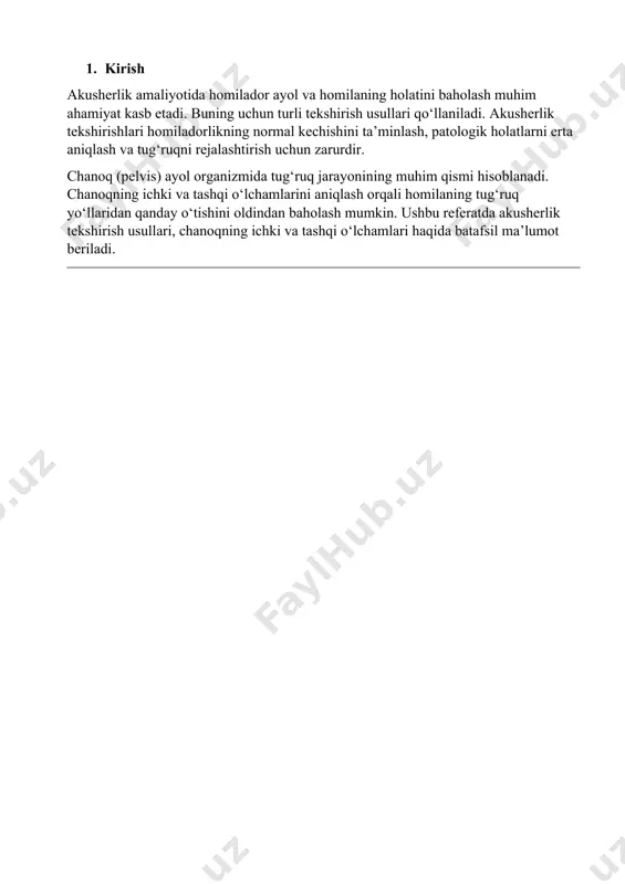 larning oldini olish – homila va onaning sog‘lig‘ini xavfsiz saqlash. · tibbiy aralashuv zaruriyati – tabiiy tug‘ruq yoki operativ tug‘ruq ehtimolini baholash. xulosa akusherlik tekshirish usullari va chanoq o‘lchamlarini aniqlash tug‘ruqning xavfsiz kechishini ta’minlash uchun muhim ahamiyatga ega. bu usullar orqali homilaning rivojlanishi, joylashuvi, bachadon bo‘ynining tayyorligi va tug‘ruq yo‘lining o‘lchamlari baholanadi. chanoqning ichki va tashqi o‘lchamlarini aniqlash esa tug‘ruq yo‘lining yetarliligini baholashga yordam beradi. akusherlik tekshiruvlari orqali homila va onaning salomatligi uchun eng yaxshi tug‘ruq usuli tanlanadi. foydalanilgan adabiyotlar 1. "akusherlik va ginekologiya asoslari" – tibbiyot darsligi 2. jahon sog‘liqni saqlash tashkiloti (jsst) tug‘ruq bo‘yicha qo‘llanmalari 3. zamonaviy akusherlik va ginekologiya bo‘yicha ilmiy maqolalar image1.png