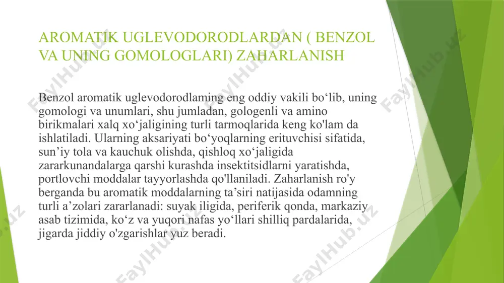 a, benzol bilan ishlash to'xtatilganida ham kasallik qaytalanishi mumkin. shuni inobatga olib, benzoldan zaharlanishning yengil darajasida bemorlaming qon hosil qilish tizimiga salbiy ta ’sir qiluvchi zaharli m oddalar bilan ishlashiga yo‘l qo'yilmaydi. bunda ularning mehnatga layoqati saqlanadi. bunday bem orlarni benzol va benzol gom ologlari ta ’sir qiladigan ishlardan ozod qilib, zaharli modda ta’sir etmaydigan ishga o'tkazish tavsiya etiladi. benzoldan o 'rtacha darajada zaharlanganda, odatda, mehnatga layoqatlik anchagina pasaygan bo'ladi. bunday odam larga zaharli m oddalar bilan ishlashga ruxsat berilmaydi. shu bilan birga, bu bemorlar nogironlik guruhini belgilash maqsadida vmek ga yuboriladi. benzoldan og'ir zah arlanganda odamlar mehnatga layoqatsiz hisoblanadilar. ko'p qon ketib, kamqonlik patologiyasining leykozga o'tishi va sepsis yaqqol ifodalangan bemorlar alohida parvarishga muhtoj bo'ladilar. e`tiboringiz uchun raxmat!!! image1.jfif image2.jfif image3.jfif image4.jfif image5.jfif /docprops/thumbnail.jpeg