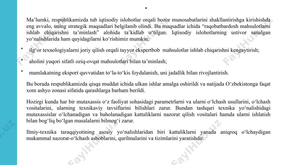 tning rivojlanishi, hozirgi zamon talablarining bajarilishi nazorat-o‘lchash asboblariga bog‘liqdir. bu esa o‘zbekiston mustaqillikga erishgandan so‘ng yaqqolroq namoyon bo‘la boshladi. chunki sobiq ittifoq davrida o‘zbekistonga asosan hom-ashyo yaratishga asoslangan davlat sifatida qaralar edi. bundan 15-20 yil muqaddam respublikamizda ishlab chiqarilgan yalpi ichki mahsulotning (yaim) 70-80 foizi hom ashyo (asosan qishloq xo‘jalik) mahsulotlari bo‘lgan bo‘lsa, hozirga kelib yaimning tarkibida turli xizmat turlari, iste’molga tayyor sanoat va qishloq ho‘jalik mahsulotlari o‘rin olgan. respublikamizning eksport salohiyati salmoqli ortishiga erishildi. mamlakatimiz o‘z avtosanoatiga, energetikasiga, kommunikatsiyasiga ega bo‘ldi, xalqaro standartlashtirish tashkilotining (iso) to‘la huquqli a’zosi sifatida qabul qilindi. bu soxani rivojiga, akademiklardan: m.z.xamidxonov, d.a.abdullaev, n.r.yusupbekov, v.q.qobilov, t.d. rajabov, professorlardan: o.a.azimov, r.k.azimov, m.f.zaripov, sh.m.g‘ulomov, x.z.igamberdiev, p.r.ismatullaev, b.i.muxamedov, o.sh.xakimov va ko‘plab fan nomzodlari, olimlar, tajribali metrologlar o‘zbek metrologiyasining rivojiga katta xissa qo‘shmoqdalar. me’yoriy. hujjatning sarvarag‘ida uning belgisi va nomi keltiriladi: so‘z boshida mazkur hujjat to‘g‘risida umumiy ma’lumotlar keltiriladi me’yoriy hujjatni ishlab chiqish va tasdiqlashga taqdim qilish; ushbu me’yoriy …