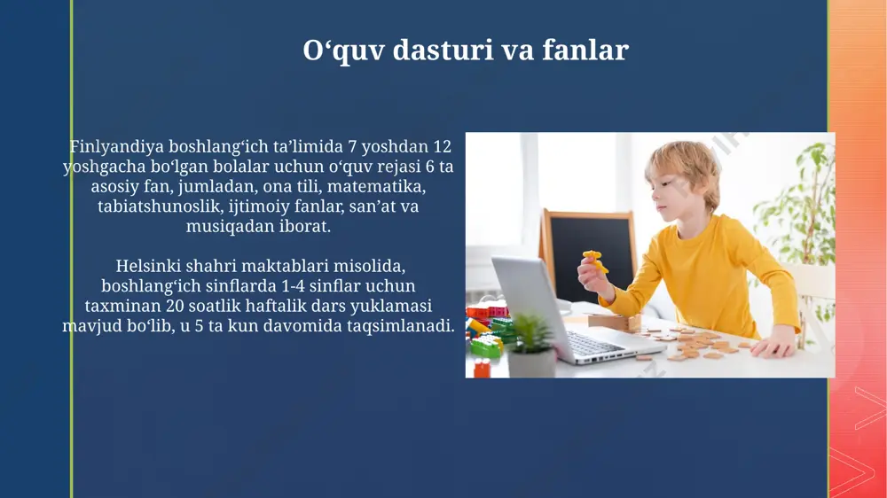, ta’lim jarayonida o‘yinlar, amaliy mashg‘ulotlar va loyihalar kabi turli xil usullardan foydalaniladi. sinflar va oʻquv muhiti finlyandiyaning qishloq hududlaridagi maktablarda, 5-10 nafar oʻquvchiga bitta oʻqituvchi toʻgʻri keladi, bu esa oʻquv jarayonini individual va samaraliroq qiladi. finlyandiya boshlangʻich taʼlim muassasalarining 90% dan ortigʻi kichik sinflarga ega boʻlib, oʻquvchilar soni 20 dan oshmaydi, bu esa individual yondashuvga imkon beradi. e'tiboringiz uchun rahmat @taqdimot_robot image4.jpg image5.jpg image6.jpg image7.jpg image8.jpg image9.jpg image10.jpg image11.jpg image12.jpg image13.jpg image14.jpg image15.jpg image16.jpg image2.png image3.png
