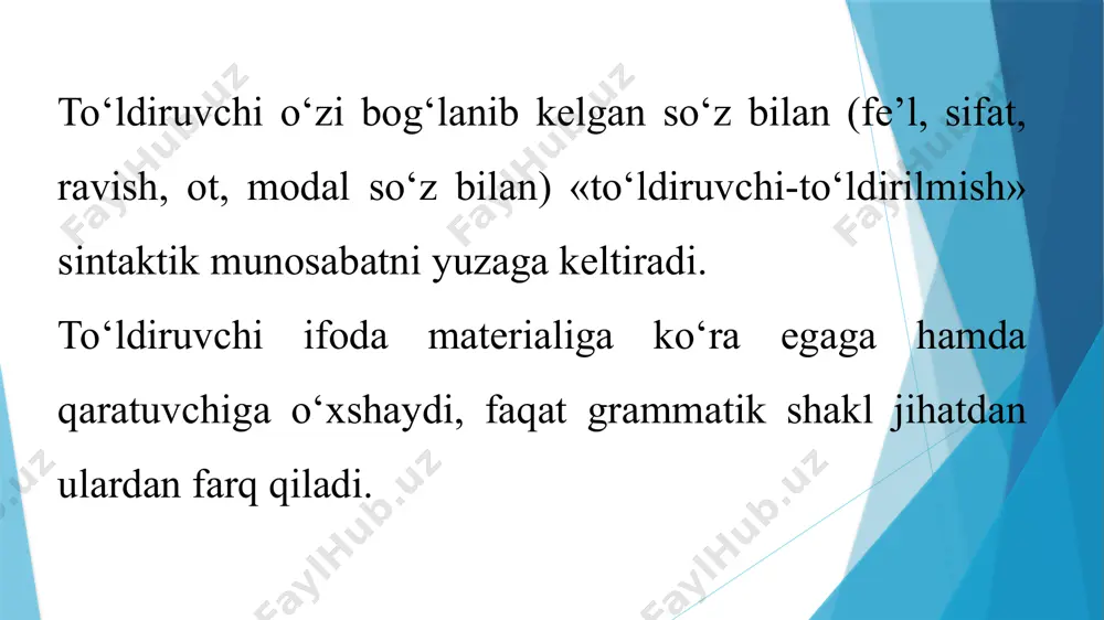 g‘uq ovoz ancha vaqtgacha bosilmadi. qaratqich aniqlovchi bu aniqlovchi ot yoki otlashgan so‘z bilan ifodalangan bo‘lakka muvofiqlashuv yo‘li bilan bog‘lanib, o‘zi ifodalayotgan shaxs yo predmetga boshqa bir shax syoki predmetning qarashli, tegishli ekanini bildiruvchi aniqlovchining bir turidir. u kimning? nimaning? qaerning? so‘roqlaridan biriga javob bo‘ladi. qaratuvchi quyidagicha ifodalanadi: ot yoki ot o‘rnida qo‘llanadigan olmosh bilan: tip-tiniq fazoning bir burchida turnalar karvoni ko'rindi. zumo'tmav ularning o'vchan sadolari havoni to'ldirdi... (o'.hoshimov). harakat nomi bilan: u bilan uchrashishning ming xil vo'lini izladi. (sahmad). ovora bo'lmoqning nima zarurati bor? (a.qodiriv). otlashgan sifat bilan: nomardga ishi tushmagan mardning qadrini bilmas. (maqol). tekinning minnati ko‘p, mehnatning ziynati ko‘p. (maqol). qo‘rqoqning ko‘zi katta, axmoqning so‘zi katta. (maqol). otlashgan son bilan: o‘nning yarmi - besh. otlashgan olmosh bilan (sifat, son o‘rnida qo‘llanadigan otlashgan olmosh bilan): buning sababi ko‘p. (p.qodirov). otlashgan sifatdosh bilan: o'qiganning tili ko‘p uzun bo'ladi. (maqol). otlashgan ravish bilan: ertaning buguni bor, bugunning ertasi bor. (maqol). …