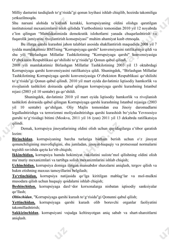 timoiy , siyosiy, ekologik, demografik, ma’naviy, mafkuraviy, harbiy, tabiiy-iqlimiy tahdidlarga ajratib, tahlil etish mumkin. yer yuzining turli mintaqalarida sodir bo‘layotgan, butun insoniyatga xavf solib turgan turli noxush hodisalarni tahlil qilgan sari, ularning barchasida inson omili bosh sababchi ekani oydinlashadi. tahdidli ijtimoiy -siyosiy vaziyatni vujudga keltiradigan turli xavf-xatarlar hamda ularni bartaraf etish muammosi buyuk ajdodlarimizning siyosat ilmiga doir fikr va xulosalarida o‘z aksini topgan. tahdidni yuzaga keltiradigan manbalarni ildiz otmasdan bartaraf qilish, unga nisbatan doimo ogoh, hushyor bo‘lish, g‘ofillikka yo‘l qo‘ymaslik haqidagi fikrlar alloma ajdodlarimizning siyosiy tafakkuridan keng o‘rin olgan muhim jihatlardir. bu borada mutafakkir abu nasr forobiyning "davlatni aql-idrok bilan boshqarish — xalq boshiga tushgan xavf-xatarni kamaytirish va bartaraf etishdan iboratdir" , degan hikmatli fikrlarini alohida ta’kidlab o‘tish joiz. buyuk ajdodlarimiz nazdida, yurtga bo‘ladigan ichki va tashqi xavf-xatarlarga nisbatan ogoh bo‘lish muhim tamoyil darajasiga ko‘tarilgan hamda ularning oldini olishning asosiy shartlaridan biri bo‘lgan. “korrupsiya” lotincha “corruptio” so‘zidan kelib chiqqan bo‘lib, …