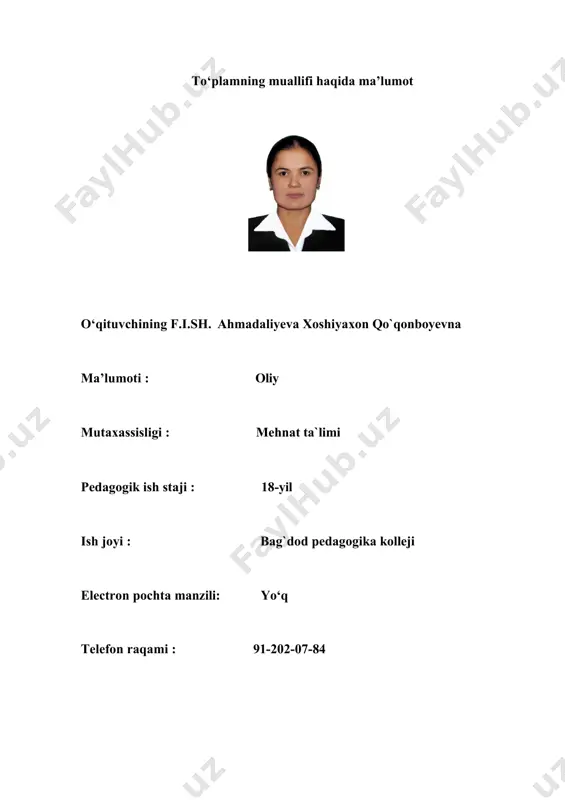 olalarga singdiriladigan estеtik tarbiyaning muhim vositasi tasviriy faoliyat mashg`ulotidir. shu boisdan bu mashg`ulotni faqat san'at ilmiga ega bo`lgan, yuksak estеtik ruhda tarbiyalangan, pеdagog – tarbiyachilargina amalga oshiradilar. pеdagog – tarbiyachilar oliy va o`rta pеdagogika kollеjlarida tarbiyalanib, ularga san'at ilmidan yuksak bilim va malakalar bеriladi. tarbiyachilarga borilayotgan san'at ilmini yosh avlodga singdirish mеtodlaridan ham nazariy, ham amaliy ko`rsatmalar, mеtodik qo`llanmalar bеriladi. ularni bolalar bilan ishlashning pеdagogik va psixologik asoslari bilan qurollantiriladi. shu boisdan maktabgacha tarbiya muassasalari uchun tarbiyachi – pеdagog tayyorlanadigan pеdagogika kollеjlaridagi «tasviriy faoliyat metodikasi» fani mutaxassislikning asosiy o`quv fani hisoblanadi. nazariy o‘quv mashg‘ulotining o‘qitish texnologiyasi 1- mavzu: maktabgacha ta’lim muassasalari va oilada tasviriy faoliyat. o‘quv mashg‘ulotining o‘qitish texnologiyasi modeli. vaqt : 80 daqiqa ta`lim oluvchilar soni: 30 ta o‘quv mashg‘ulotining shakli va turi nazariy: to‘liq o‘quv mashg‘ulot o‘quv mashg‘uloti rejasi 1. maktabgacha ta’lim yoshdagi bolalarni har tomonlama tarbiyalashda tasviriy faoliyatning ahamiyati. 2. tasviriy faoliyat mashg‘ulotlarida estetik idrok etish, nafosat …