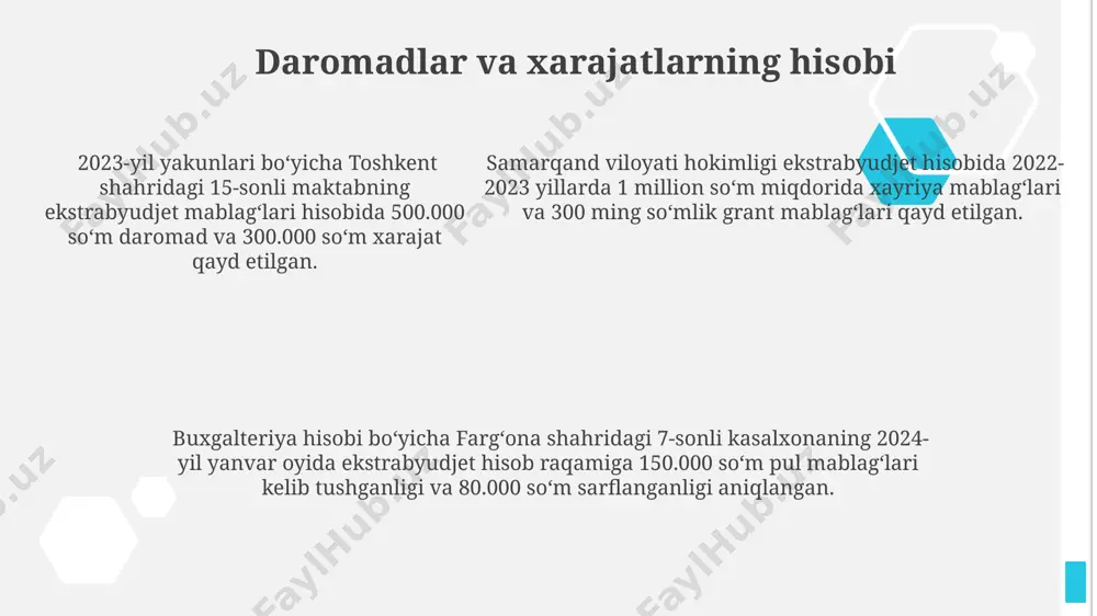madlari ham byudjetdan tashqari mablag'lar manbai hisoblanadi. byudjetdan tashqari mablag'larning yana bir turi – 20% daromad solig'i stavkasi bilan soliq to'lovchilar tomonidan samarkand viloyatida to'langan jami mablag'larning bir qismi. moliyaviy xavflar va ularni boshqarish қарз мажбуриятлари бўйича 10 миллион ақш доллари миқдоридаги дефолтнинг олдини олиш учун "навоий" вилоятидаги корхона 2024 йилда хавфни бошқариш стратегиясини ишлаб чиқди ва амалга оширди. хорижий инвестицияларнинг 15% дан ортиғи валюта курсининг ўзгариши билан боғлиқ молиявий хавфларни оширади, бундан 2023 йилда ўзбекистоннинг самарқанд вилоятидаги корхоналар жабр кўрди. 2022 йилда тошкент шаҳридаги 5 та йирик банкнинг молиявий хавфларини баҳолашда 30% гача кредит портфелининг йўқотилиш эҳтимоли аниқланди. majburiyatlarning hisobi 2023-yil 1-yanvardan boshlab, o‘zbekiston respublikasi davlat byudjetidan tashqari mablag‘lar hisobi bo‘yicha yangi 12-sonli hisobot shakli joriy etildi, bu esa 50 dan ortiq tashkilot uchun hisobot berish tartibini o‘zgartirdi. toshkent shahridagi 3 ta yirik korxonaning majburiyatlar hisobi tahlili shuni ko‘rsatdiki, ularning 20% dan ortig‘i 2022-yil yakunlari bo‘yicha to‘lanmagan hisob-kitoblarga ega. …