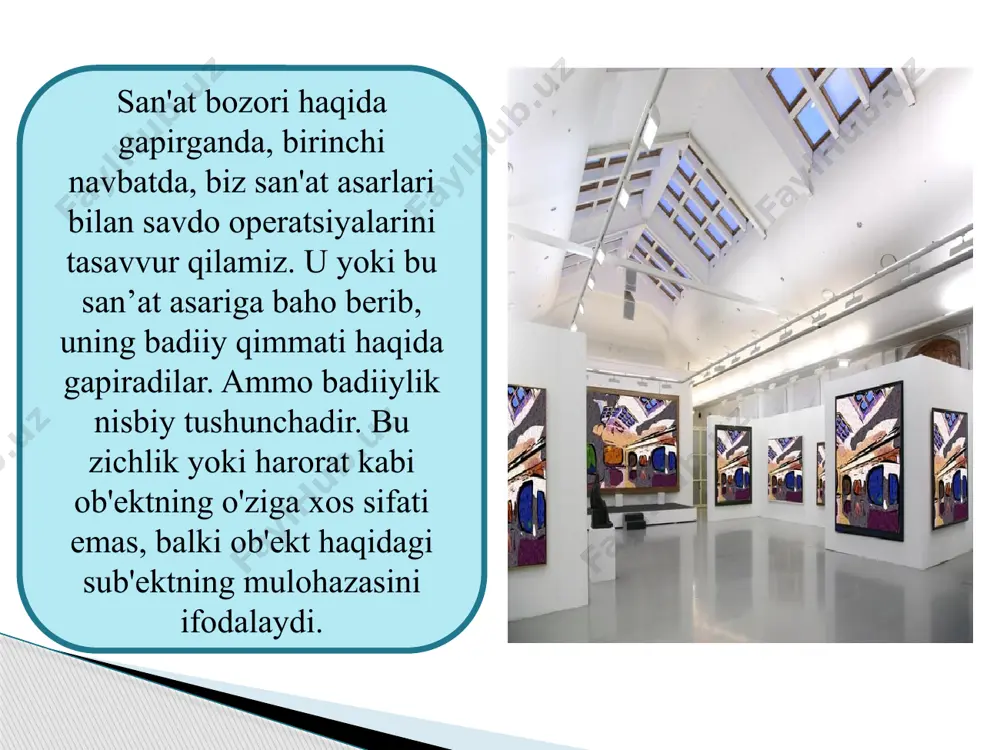 ining paydo bo'lishiga yordam bermadi. gʻarbiy yevropa rassomlarining birinchi va yagona yakka rasmlari birinchi marta 16-asrda moskvaga olib kelingan. san'at bozorining rag'batlantiruvchi funksiyasi. bozor ishlab chiqaruvchilarni jamiyatga zarur bo‘lgan iqtisodiy tovarlarni eng kam xarajat bilan yaratishga va yetarli foyda olishga undaydi. bu erda muhim element - bu raqobat, bu jarayon ishtirokchilarining savdo bozori uchun raqobati. bu san'atkorlarning e'tibor va jamoatchilik tomonidan tan olinishi uchun raqobatni anglatadi. tan olishning oqibati - buyurtmalar sonining ko'payishi, san'at asarlarini sotishning ko'payishi. shunga qaramay, iqtisodiy erkinliklar jamiyatning ilg'or rivojlanishiga yordam beradi, lekin ular badiiy raqobatdan ko'ra ko'proq tijorat raqobatini rag'batlantiradi. san'at bozorining rivojlanishi bilan uning faoliyatida korxonalar, muassasalar yoki jismoniy shaxslar tomonidan san'atni moliyalashtirishning homiylik, homiylik, xayriya, homiylik, xayriya kabi shakllari tobora muhim rol o'ynay boshlaydi. qoidaga ko'ra, xayriyachi manfaatdor bo'lmagan homiy bo'lib, madaniy tadbirlarni moliyalashtiradi, homiy imidj reklamasining bir qismini yoki madaniy loyihalarni amalga oshirgandan so'ng foydadan daromad oladigan loyihalarda investor sifatida ishlaydi. sovet …