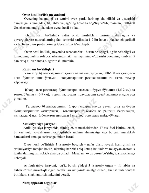 00 gts chastota oralig‘ida odam ovozi hosil bo‘ladi. ovoz hosil bo‘lishida nafas olish mushaklari, xususan, diafragma va qovurg’alararo mushaklarning faol ishtiroki natijasida 1-2 litr havo o‘pkadan chiqariladi va bu havo ovoz parda larining tebranishini ta'minlaydi. ovoz hosil bo‘lish jarayonida rezonatorlar – burun bo‘shlig‘i, og‘iz bo‘shlig‘i va tomoqning muhim roli bor, ularning shakli va hajmining o‘zgarishi ovozning timbrini 5 dan ortiq xil variantda o‘zgartirishi mumkin. rezonans bo‘shliqlari резонатор бўшлиқларининг ҳажми ва шакли, хусусан, 300-500 мл ҳажмдаги оғиз бўшлиғининг ўлчами, товушларнинг резонансланишига катта таъсир кўрсатади. юқоридаги резонатор бўшлиқлари, масалан, бурун бўшлиғи (1.5-2 см) ва томоқ бўшлиғи (5-7 см), турли частотали товушларни кучайтиришда муҳим рол ўйнайди. резонатор бўшлиқларининг ўзаро таъсири, мисол учун, оғиз ва бурун бўшлиқларининг ҳамкорлиги, товошларнинг тембри ва рангини белгилайди, натижада фақат ўзбекистон тилидаги ўзига хос товушлар пайдо бўлади. artikulyatsiya jarayoni artikulyatsiya jarayonida, tilning 28 ta mushaklaridan 17 tasi faol ishtirok etadi, bu esa nutq tovushlarini hosil qilishda muhim ahamiyatga ega …