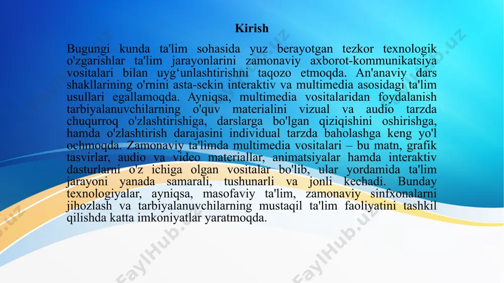 yg‘unligida qo'llanilishi va ta'lim olish hamda bilimlarni qabul qilishning turli ruhiy va yoshga doir hususiyatlariga ega bo'lgan shaxslar tomonidan foydalanilishi mumkin: ayrim ta'lim oluvchilar bevosita o'qish orqali, ba'zilari esa eshitib idrok etish, boshqalari esa (videofilmlarni) ko'rish orqali ta'lim olishni va bilimlarni o'zlashtirishni xush ko'radilar. multimedia vositalari ta'lim berishning samarali va istiqbolli quroli (instrumentlari) bo'lib, u tarbiyachiga an'anaviy ma'lumotlar manbaidan ko'ra keng ko'lamdagi ma'lumotlar massivini taqdim etish; ko'rgazmali va uyg‘unlashgan holda nafaqat matn, grafiklar, sxemalar, balki ovoz, animasiyalar, video va boshqalardan foydalanish; axborot turlarini ta'lim oluvchilarning qabul qilish (idrok etish) darajasi va mantiqiy o'rganishiga mos ravishda ketma-ketlikda tanlab olish imkoniyatini yaratadi. 2.multimedia texnologiyalarining ta'limda qo'llanilishi multimedia texnologiyalarining ta’limda qo‘llanilishi zamonaviy pedagogik yondashuvlarning ajralmas qismiga aylangan. ushbu texnologiyalar o‘quv jarayonini interaktiv, qiziqarli va samarali qilishga xizmat qiladi. zamonaviy ta’lim jarayonida multimedia texnologiyalaridan foydalanish o‘quvchilarning bilim olishga bo‘lgan qiziqishini oshirish, o‘quv materialini chuqurroq anglash hamda mustaqil fikrlash ko‘nikmalarini shakllantirishda muhim o‘rin tutadi. multimedia …