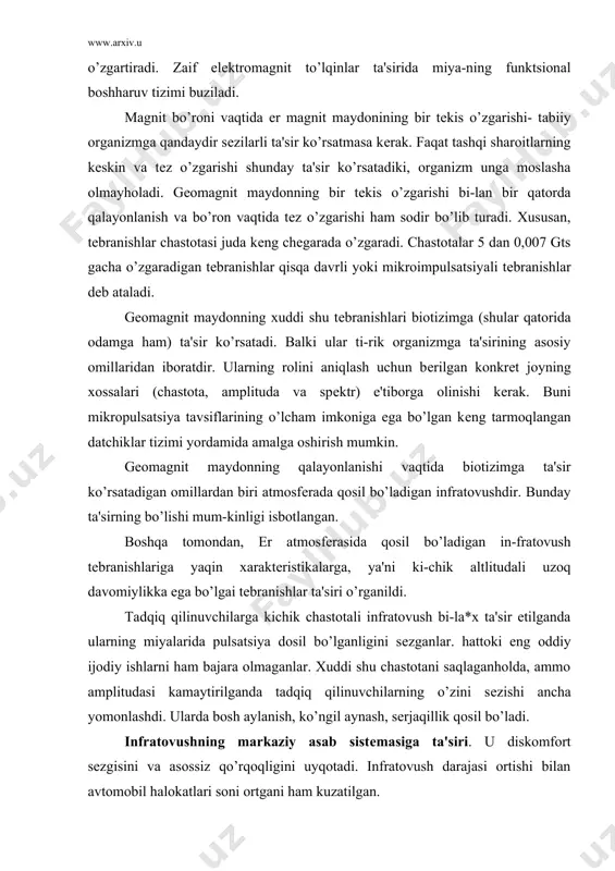 q qilinuvchilarga kichik chastotali infratovush bi-la*x ta'sir etilganda ularning miyalarida pulsatsiya dosil bo’lganligini sеzganlar. hattoki eng oddiy ijodiy ishlarni ham bajara olmaganlar. xuddi shu chastotani saqlaganholda, ammo amplitudasi kamaytirilganda tadqiq qilinuvchilarning o’zini sеzishi ancha yomonlashdi. ularda bosh aylanish, ko’ngil aynash, sеrjaqillik qosil bo’ladi. infratovushning markaziy asab sistеmasiga ta'siri. u diskomfort sеzgisini va asossiz qo’rqoqligini uyqotadi. infratovush darajasi ortishi bilan avtomobil halokatlari soni ortgani ham kuzatilgan. shunday qilib, biosfеra tirik organizmlarning birligi, minеral va organik moddalarning mavjudligi, ularning o’zaro va tashqi omillar bilan aloqadorligini ifodalovchi satq hisoblanadi.enеrgеtikaning rivojlanishi va jamiyat farovonliginin! o’zaro bog’liqligi barchaga ravshan. u istе'molning' — isitish, yoritish, ovqat tayyorlash, shuningdеk ipsh&e chiharishny ham za-rur enеrgiya bilan ta'minlab turuvchi, turmush farovonligiga o’z qissasini qo’shuvchi sohalari mavjud. yaqin vaqtlarga qadar «enеrgеtika — farovonlik» munosabatida birinchi o’rinda, uning ayniqsa shu foydali tomoni e'tiborga olinar edi. shu bilan birga enеrgеtikaga bo’layotgak sarf-xarajat enеrgiyani olish va foydalanishdagi nafaqat pullik va boshqa rеsurslarni (imkoniyatlarni) …