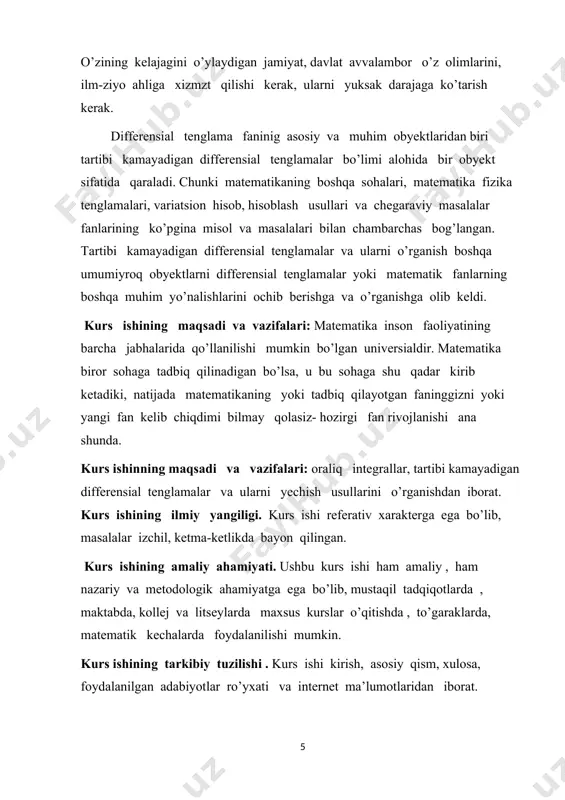 ni hech bir nuqtada nolga aylanmaydi. 1.n- tartibli chiziqli bir jinsli differebsial tenglamaning y1, y2, … ,yn xususiy yechimlar sistemasi n ta chiziqli erkli funksiyadan iborat bo’lsa, bu sistemani fundamental sistema deymiz. 1-teorema. agar y1, y2, … ,yn funksiyalar (2) tenglama yechimlarining fundamental sistemasini tashkil etsa, u holda ularning y= c1y1+ c2y2+ … + cnyn chiziqli kombinatsiyasi bu tenglamaning umumiy yechimi bo’ladi. 2-teorema. chiziqli bir jinsli bo’lmagan (1) differensial tenglamaning umumiy yechimi bu tenglamaning ỹ xususiy yechimi va unga mos bir jinsli (2) tenglamaning ӯ umumiy yechimi yig’indisidan iborat, ya’ni y= ỹ+ ӯ. agar (2) ning chiziqli erkli y1, y2, … ,yn yechimlari ma’lum bo’lsa, u holda o’zgarmaslarni variatsiyalash usulini qo’llab , (1) ning umumiy yechimini y= c1(x)y1+c2(x)y2+ … +cn(x)yn formula bo’yicha topish mumkin, bundagi ci(x) lar (k= 0, … (n-2).) (3) sistemadan topiladi. misol. o’zgarmaslarni variatsiyalash usulidan foydalanib, ushbu xy''+(2x-1)y'=-4x2 (1) bir jinslimas tenglamaning umumiy yechimini toping. yechish. avval …