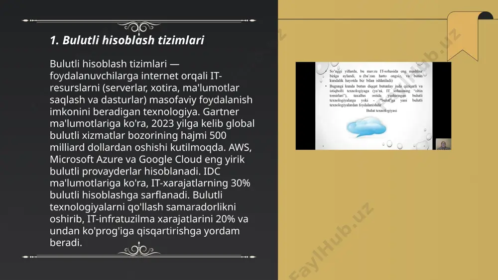 sifatida xizmat (paas) bulut hisoblashning bir shakli bo'lib, unda foydalanuvchilar dasturlarni ishlab chiqish, sinash va ishga tushirish uchun zarur bo'lgan infratuzilma va resurslar bilan ta'minlanadi. paas foydalanuvchilarga operatsion tizimlar, ma'lumotlar bazalari, serverlar va tarmoqlarni boshqarish kerak emasligini ta'minlaydi. bu xizmat turli dasturlash tillarini qo'llab-quvvatlashi va o'lchamlashtirilishi mumkin. paas bozori 2022-yilda $70 milliarddan ortiq bo'lgan va 2023-yilda 20% ga o'sishi taxmin qilingan. mashhur paas xizmatlariga google app engine, microsoft azure va aws elastic beanstalk kiradi. paas kichik biznes va startaplar uchun resurslarni tejashda muhimdir. ... t.me/slaydai_bot 7. foydalanuvchilar uchun qulaylik 7. foydalanuvchilar uchun qulaylik mavzusi doirasida ko'plab texnologik kompaniyalar foydalanuvchi interfeyslarini soddalashtirishga e'tibor qaratmoqda. masalan, 2022-yilgi tadqiqotlarda mobil ilovalarning 70% foydalanuvchi tajribasini yaxshilash uchun yangi dizayn yechimlarini joriy etdi. shu bilan birga, 2023-yilda internet foydalanuvchilarining 68% qulay navigatsiyani xizmat tanlashda muhim omil sifatida baholadi. ko'rish va foydalanish qulayligi sababli, saqlash va qidiruv funksiya tugmalarining joylashuvi optimallashtirilgan bo'lib, bu foydalanuvchilarning 55% saytda …