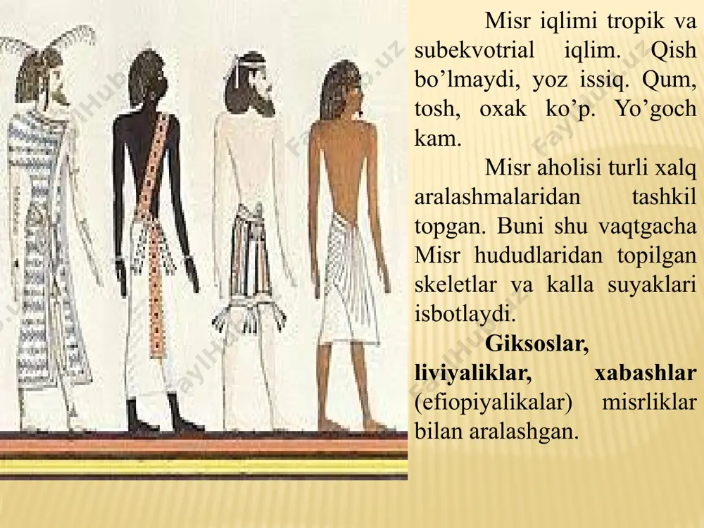 davlar shakllana boshlagan. narmer harbiy yurishlari - tosh plitkalardagi tasvirlarda. er. avv. 2800-2250-yillarda misrda markazlashgan qadimgi podsholik, iii-vi sulolalar hukmronlik qilgan. bu davrga oid maqbaralar saqlanib qolgan. ulardagi tasvirlarga ko’ra, bu davrda baliqchilik, hunarmandchilik, dehqonchilik taraqqiy etgan. hukmdorlar qo’shni hududlarga yurushlar qilgan. bu davrda toshdan maqbaralar qurish urf bo’lgan. qadimgi podsholik hukmdorlaridan iii sulola (er. avv. 2686-2575 yoki 2727-2655) hukmdori joser (tah. er. avv. 2665-2645) qudratli hukmdor bo’lgan. memfis - mamlakat poytaxti hisoblangan. firavn joser (tahminan er. avv. 2665-2645) xaykali. qohiradagi misr muzeyi. joser davrida podsho hokimiyati kuchaygan. nomlarning mustaqilligi tigatilgan. joser quyi va yuqori misrning birlashtirilish jaraoyonini yakunlagan. josergacha hukmdorlar xom g’ishtdan qurilgan binolarga qo’yilgan bo’lsa, joser ilk bora toshdan, “zinapoyasimon” piramida qurdirgan. piramida tosh yozuvlarda joser “ulug hukmdor” sifatida ta’riflangan. davlat hukmdorlari ilohiylashib borgan. joserning tosh plitkalardagi tasviri iv sulola (er. avv. 2639-2506) hukmdori snofru (tah. er. avv. 2613-2589) davrida misr yanada kuchaygan. snofru mis va feruzaga boy …
