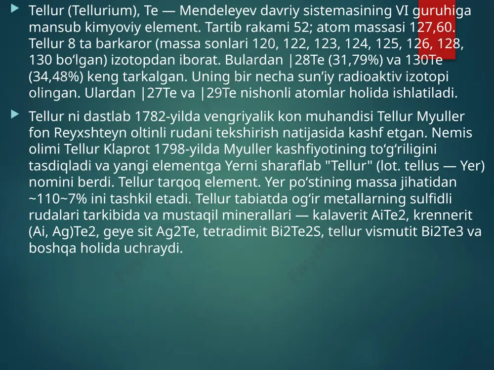81 g/sm³. tellur metallar va metall bo'lmaganlar chegarasida joylashgan bo'lib, metalloidlar yoki yarim metallarga tegishli. bu oltingugurt va selenning analogidir, lekin kamroq faol. tellur noyob elementlardan biridir: uning er qobig'idagi tarkibi faqat . erkin holatda selen, oltingugurt kabi, bir nechta allotropik modifikatsiyalarni hosil qiladi, ulardan eng mashhurlari qizil-jigarrang kukun bo'lgan amorf selen va metall porlashi bilan mo'rt kristallar hosil qiluvchi kulrang selendir. tellur amorf modifikatsiya ko'rinishida va metall yorqinligi bilan och kulrang kristallar shaklida ham ma'lum. selen tipik yarimo'tkazgichdir (190-§ ga qarang). uning yarimo'tkazgich sifatidagi muhim xususiyati yoritilganda elektr o'tkazuvchanligining keskin oshishi hisoblanadi. selenning metall o'tkazgich bilan chegarasida to'siq qatlami hosil bo'ladi - elektr tokini faqat bitta yo'nalishda o'tkaza oladigan kontaktlarning zanglashiga olib keladigan qismi. ushbu xususiyatlar bilan bog'liq holda, selen to'siqli qatlamli rektifikatorlar va fotosellarni ishlab chiqarish uchun yarimo'tkazgich texnologiyasida qo'llaniladi. tellur ham yarimo'tkazgichdir, lekin undan foydalanish cheklangan. ayrim metallarning selenidlari va telluridlari ham yarimo‘tkazgich xossalariga ega bo‘lib, elektronikada …
