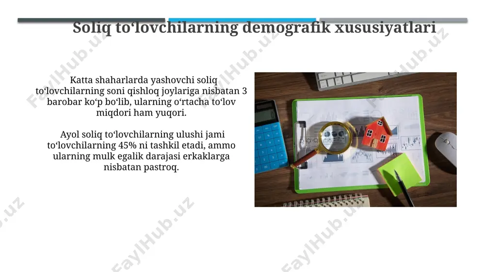 imotni ta'minlashi mumkin. soliq stavkalarining 10-20% ga oshishi, ayniqsa, yuqori daromadli shaxslar uchun mulk solig'i to'lovchilar sonining kamayishiga va bozorga ta'sir ko'rsatishi mumkin. soliq to'lashdagi ijtimoiy farqlar ko'chmas mulk solig'i to'lovchilar orasida pensionerlarning ulushi taxminan 10% ni tashkil etadi, ularning aksariyati kam ta'minlangan oilalar qatoriga kiradi. yangi qurilgan uylar egalarining soliq to'lovlarida o'rtacha 20% ga yuqori bo'lishi kuzatiladi, bu esa qurilish materiallari narxining oshishi bilan bog'liq. e'tiboringiz uchun rahmat @taqdimot_robot image1.jpg image2.jpg image3.jpg image4.jpg image5.jpg image6.jpg image7.jpg image8.jpg image9.jpg image10.jpg image11.jpg