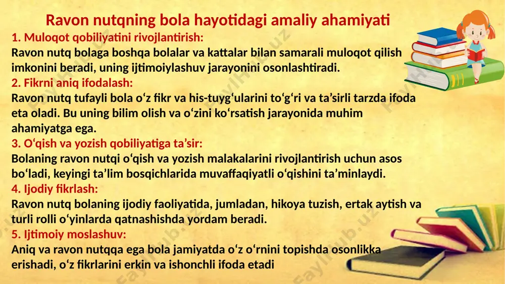ari bilgan voqealarni qayta aytib berishga o‘rgatish. 4. rolli o‘yinlar: bolalarni turli rollarga kirib, muloqot qilishga o‘rgatish (masalan, “doktor bilan bemor”). ravon nutqni rivojlantirishda muhim jihatlar mashg‘ulotlar davomida bolalarga individual yondashuvni ta’minlash. bolalarning yoshiga mos va qiziqarli mavzularni tanlash. nutqiy kamchiliklarni o‘z vaqtida aniqlash va bartaraf etish. rag‘batlantirish orqali bolalarni nutq faoliyatiga qiziqtirish. ravon nutqni rivojlantirish orqali bolalar keyingi ta’lim bosqichlarida muvaffaqiyatga erishish uchun zarur bo‘lgan muloqot ko‘nikmalarini egallaydilar va jamiyatda faol ishtirok etishga tayyor bo‘ladilar. e’tiboringiz uchun rahmat! image1.png image2.png /docprops/thumbnail.jpeg
