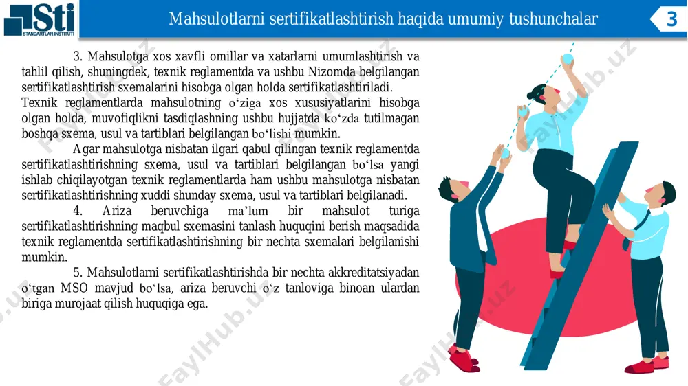 nashni va ishlab chiqarish sharoitlarini baholashni nazarda tutadi. • mazkur chizmada savdo nuqtasidan (iste’molchidan) va ishlab chiqarishdan olingan namunalarni sinovlardan o‘tkazish yo‘li bilan mahsulotni inspeksiya nazoratidan o‘tkazish nazarda tutilgan. 5-chizma • 5-chizma ishlab chiqariladigan mahsulotni sertifikatlashtirishda qo‘llaniladi va majburiy ko‘rsatkichlarni tekshirish uchun mahsulotni slda sinashni va ishlab chiqarish sharoitlarini baholashni yoki sifat tizimini baholashni nazarda tutadi. mazkur chizmada mahsulotni sinovlardan o‘tkazish va ishlab chiqarishni tekshirish (yoki sifat tizimini baholash) yo‘li bilan inspeksiya nazoratini o‘tkazish nazarda tutilgan. mahsulotlarni sertifikatlashtirish sxemalari 4 6-chizma • 6-chizma sifat tizimini sertifikatlishtirishda qo‘llaniladi va uni baholashni hamda keyinchalik inspeksiya nazoratini o‘tkazishni nazarda tutadi. 7-chizma • 7-chizma mahsulot to‘pining sertifikatlashtirishda qo‘llaniladi va mahsulotni slda sinashni nazarda tutadi. 8-chizma • 8-chizma har bir mahsulotni (buyum) sertifikatlashtirishda qo‘llaniladi. muvofiqlik belgisi • 3, 4, 5, 7 va 8 chizmalar bo‘yicha sertifikatlashtirilgan mahsulotlarni muvofiqlik belgisi bilan tamg‘alanishi mumkin. mahsulotlarni sertifikatlashtirish sxemalari 5 bosqichlar subyektlar tadbirlar bajarish muddatlari 1-bosqich ariza beruvchi mahsulotni …