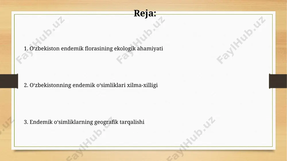 iris bucharica kabi endemik lola turlari xalqaro miqyosda himoyaga muhtoj 100 ta noyob oʻsimliklar roʻyxatiga kiritilgan. oʻzbekistonning 1500 dan ortiq endemik oʻsimlik turi mavjud boʻlib, ularning aksariyati qorakoram va tian-shan togʻ tizmalari, shuningdek, qizilqum choʻlida uchraydi. oʻzbekiston endemik oʻsimliklarini muhofaza qilish choralari taxminan 30 ta endemik oʻsimlik turi yoʻqolib ketish xavfi ostida boʻlib, ularning genofondini saqlash maqsadida "qizil kitob"ga kiritilgan va 5 yillik monitoring dasturi amalga oshiriladi. oʻzbekistonning 150 ga yaqin endemik oʻsimlik turi, jumladan, qoraqalpogʻiston respublikasidagi noyob turlarni muhofaza qilish uchun maxsus qoʻriqxonalar va milliy bogʻlar tashkil etilgan. endemik oʻsimliklarning ekologik ahamiyati oʻzbekistonning 1500 dan ortiq endemik oʻsimlik turi, xususan, qoraqalpogʻistonning qumli yerlaridagi oʻsimliklar, tuproq eroziyasini oldini olishda muhim rol oʻynaydi. taxminan 30% endemik oʻsimlik turlari, masalan, chatqol-qurama togʻlarida uchraydiganlari, biologik xilma-xillikni saqlashda beqiyos ahamiyatga ega. e'tiboringiz uchun rahmat @taqdimot_robot image7.jpg image8.jpg image9.jpg image10.jpg image11.jpg image12.jpg image13.jpg image3.png image4.png