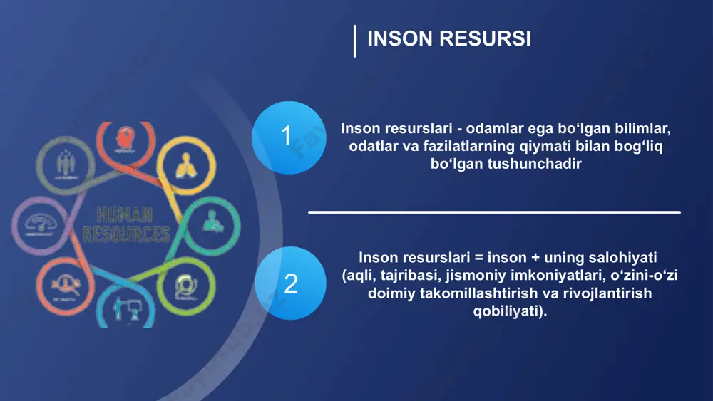 l (xodim)larni boshqarish strategiyasi shartnoma tuzish, ish haqi va imtiyozlarni belgilash personal (xodim)larni boshqarish strategiyasi yo‘naltirish va moslashtirish personal (xodim)larni boshqarish strategiyasi меhnat faoliyatini baholash personal (xodim)larni boshqarish strategiyasi кo’tarish, pasaytirish, ishdan bo’shatish personal (xodim)larni boshqarish strategiyasi o’qitish, malaka оshirtirish, qayta o’qitish personal (xodim)larni boshqarish strategiyasi меhnat faoliyatini baholash personal (xodim)larni boshqarish strategiyasi меhnat resurslarini rejalashtirish каdrlar zaxirasini shakllantirish (yig’ish) таnlash (saralash) shartnoma tuzish, ish haqi va imtiyozlarni belgilash yo‘naltirish va moslashtirish меhnat faoliyatini baholash кo’tarish, pasaytirish, ishdan bo’shatish o’qitish, malaka оshirtirish, qayta o’qitish personal (xodim)larni boshqarish strategiyasi muassasada xodimga bo‘lgan ehtiyojni baholash mavjud kadrlarning ehtiyojlarini qondirish xodimlarga xizmat ko‘rsatish sifatini yaxshilash va ularni qo‘llab-quvvatlash ta’limda tizimida inson resurslarini boshqarish 3 ta asosiy masala bilan bog‘liq jahon iqtisodiyoti jadal sur’atlar bilan o‘sib borar ekan, davlatlar o‘zlarining asosiy boyliklari o‘z odamlari ekanligini, davlatlar raqobatbardosh bo‘lishi yuqori malakali ishchi kuchining rivojlanishiga bog‘liqligini tushunib yetmoqda. bu esa, tajribali o‘qituvchilarni, lekin ular o‘z navbatida …