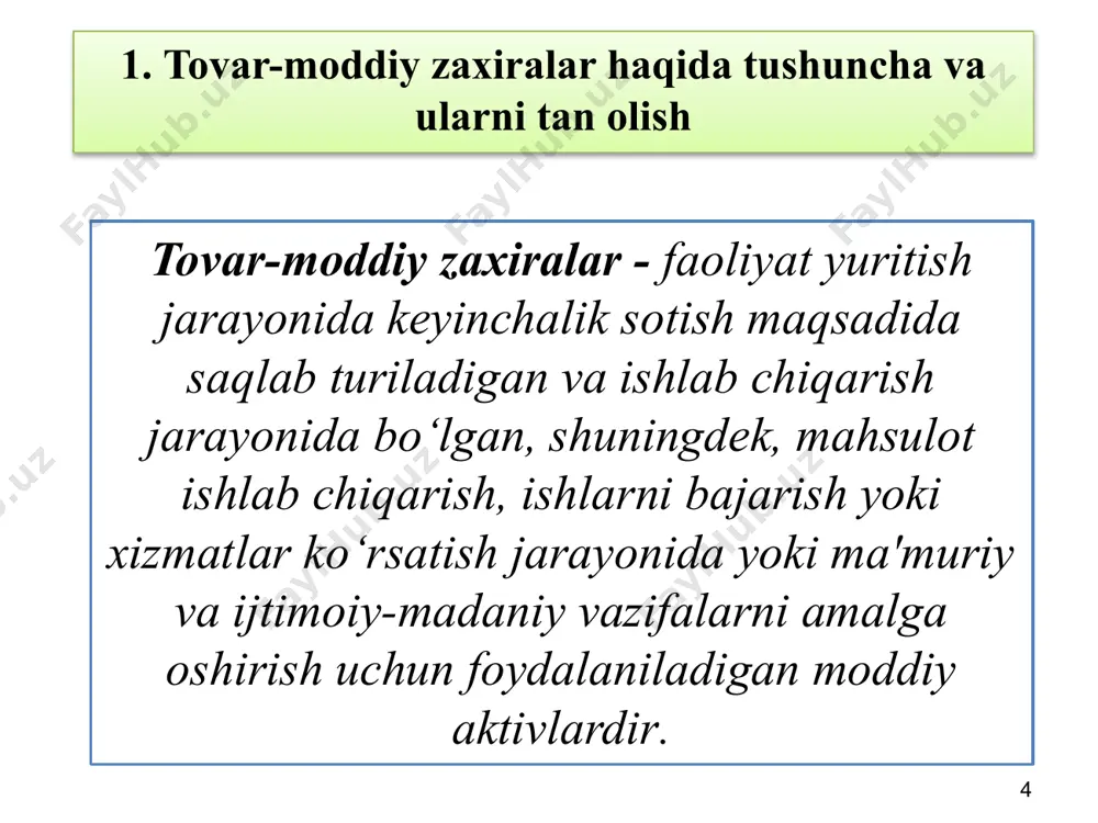 sh usuli qo‘llanilishi mumkin. 2. tovar-moddiy zaxiralarni turkumlash va baholash tartibi 18 3. tovar-moddiy zaxiralar hisobini tashkil etish va yuritish tartibi tmz buxgalteriya balansiga quyidagi holatlarda olinadi: mahsulot yetkazib berish (oldi-sotdi) shartnomasi bo‘yicha xarid qilish; ta'sischilardan tashkilotning ustav kapitaliga ulush sifatida kelib tushishi; ta'sischilar tarkibidan chiqishda yoki tugatilayotgan tashkilotning mol-mulki uning ishtirokchilari o‘rtasida taqsimlanayotganda tashkilotning ilgari boshqa tashkilotning ustav kapitaliga kiritilgan ta'sis ulushi qaytarilishidan kelib tushishi; 19 3. tovar-moddiy zaxiralar hisobini tashkil etish va yuritish tartibi иби tmz buxgalteriya balansiga quyidagi holatlarda olinadi: bepul kelib tushish (hadya shartnomasi bo‘yicha); ayirboshlash; uzoq muddatli aktivlar tarkibidan o‘tkazish; ortiqcha tovar-moddiy zaxiralarni aniqlash; ilgari berilgan tovar qarzining qaytarilishi yoki tovar qarzini olish; tashkilotning o‘zida tayyorlanishi; hisobot davri oxirida tugallanmagan ishlab chiqarish sifatida hisobga olinadigan ishlarni bajarish va xizmatlar ko‘rsatish; 20 3. tovar-moddiy zaxiralar hisobini tashkil etish va yuritish tartibi товар-моддий захираларни олишга ишончнома _____-сон «___»______________ 20__ йил. ишончномани ҳақиқийлиги «___» _________________ 20__ йилгача. ________________________________________________________________________________________ …
