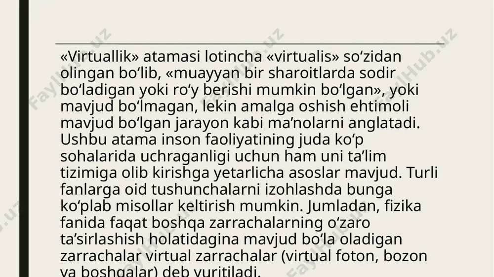 passive virtual reality)- bu borliqda inson tomonidan boshqarilmaydigan anotom grafik tasvirni tovush bilan kuzatilishi tekshiriluvchi virtual borliq – chegaralangan miqdorda foydalanuvchiga taqdim qilinadigan senariy, tasvir, tovushni tanlash imkonining borligi. interfaol virtual borliq- trekking vazifasini bajara oladigan maxsus qurilma yordamida yaratilgan dunyo qonunlari asosida virtual muhitni foydalanuvchi o’zi boshqara olishidir. virtual borliqdagi trekking-virtual muhitdagi real obyektning joylashishi koordinatalarini (x,y,z) va uni fazoda joylashishi burchaklarini (a,b,c) berishga mo’ljallangan. virtual borliq vositalari va kompanentalari virtual borliqqa kirishning eng oddiy yo‘li bu kompyuter ekrani hisoblanadi va bu borliqda sichqoncha, klaviatura, djoystik yordamida ishlash mumkin. bulardan tashqari virtual borliqni yaxshiroq his etish uchun boshqa qurilmalarni ham ishlatish mumkin. ular: turli oynali ko‘zoynak - bu qurilma tasvirni ul o‘lchamda (hajmli) ko‘rishga yordam beradi(1-rasm). bir muncha murakkabroq ishlaydigan ko‘zoynak ham mavjud bo‘lib, uning ishlash prinsipi quyidagicha: ekran orqali ko‘zoynakning bitta ko‘ziga tasvir yuboriladi, ikkinchisi esa qorong‘u bo‘lib turadi. so‘ngra tasvir keyingi ko‘zga o‘tadi, shu tarzda tasvir ketma-ket …