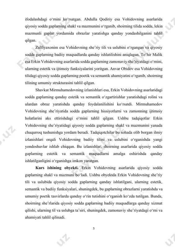 a gaplarning obraz yaratishda qanday ishlatilgani va ularning poetik maqsadlarni amalga oshirishdagi roli ko‘rsatiladi. erkin vohidovning she’riy tilini tahlil qilish orqali uning asarlarida jamiyatning ijtimoiy va ma’naviy holatini aks ettirish usullari aniqlanadi. qiyosiy sodda gaplar yordamida shoir jamiyatdagi muhim masalalarni o‘ziga xos tarzda ifodalaganligini ko‘rsatish ilmiy ahamiyatga ega. erkin vohidovning she’riyati zamonaviy o‘zbek adabiyotida qanday rol o‘ynaganini va uning she’riyatdagi o‘rnini tushunishga yordam beradi. bu ishda sodda gaplarning zamonaviy she’riyatda qanday yondoshuvlar bilan ishlatilgani, yangi poetik shakllar yaratishda qanday rol o‘ynaganligi o‘rganiladi. o‘zbek adabiyotshunosligida erkin vohidovning asarlarini yanada chuqurroq o‘rganish va yangi ilmiy izlanishlar uchun asos yaratishga xizmat qiladi. u shoirning she’riy tili va uslubini ilmiy nuqtai nazardan tahlil qilishga yo‘l ochadi. erkin vohidovning she’riyatini o‘rganish va tahlil qilish orqali uning badiiy tilining o‘ziga xos jihatlarini aniqlash, she’riyatdagi qiyosiy sodda gaplarning o‘rnini ko‘rsatish va adabiyotshunoslikda yangi ilmiy yo‘nalishlar yaratishdan iborat. 1. qiyosiy sodda gap tushunchasi va uning lingvistik o‘rni qiyosiy …