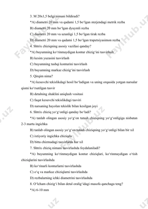 umning ko‘rinmaydigan kontur chiziqlari, ko‘rinmaydigan o‘tish chiziqlarini tasvirlashda b) ko‘rinarli konturlarni tasvirlashda c) o‘q va markaz chiziqlarni tasvirlashda d) rezbalarning ichki diametrini tasvirlashda 8. o‘lcham chizig‘i bilan detal oralig‘idagi masofa qanchaga teng? *a) 6-10 mm b) 3-4 mm c) 4-6 mm d) 10-20 mm 9. chiqarish chiziqlari o‘lcham chizig‘idan qancha chiqib turishi kerak? *a) 1-5 mm b) 3-5 mm c) 1-10 mm d) 0-5 mm 10. asosiy yo‘g‘on tutash chiziqning yo‘g‘onligi standart tomonidan qanday belgilangan? *a) 0.5 dan - 1.4 mm oralig‘ida b) 0.3 dan – 1.3 mm oralig‘ida c) 0.7 dan – 1.3 mm oralig‘ida d) 0.5 dan – 1.2 mm oralig‘ida 11. asosiy yo‘g‘on tutash chiziqning yo‘g‘onligi qanday harf bilan belgilanadi? *a) lotincha s - bosh harfda b) krillcha s – yozma harfda c) lotincha s –yozma harfda d) krillcha s – bosh harfda 12. sterjendagi rezbaning qadami qanday aniqlanadi? *a) rezba o‘yiqlariga mos shablon tanlanib uning yordamida …
