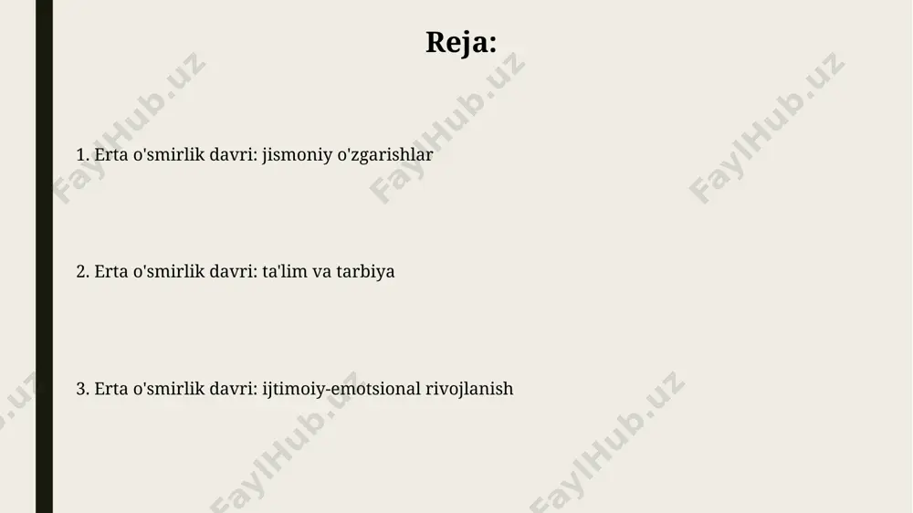 ladi. erta o'smirlik davrida (10-13 yosh), o'z tengdoshlari bilan munosabatlarning ahamiyati keskin ortadi, ijtimoiy qabul qilinish va guruhga mansublik hissiyatlari, masalan, amerikadagi maktablarda kuzatilganidek, o'smirlarning xatti-harakatlariga kuchli ta'sir ko'rsatadi. erta o'smirlik davri: xavf-xatarlar va himoya qilish 12-14 yoshli o'smirlar orasida giyohvand moddalarni iste'mol qilish, ayniqsa, shahar atrofidagi hududlarda, 20% ga yetgan. erta profilaktika va oilaviy qo'llab-quvvatlash bu xavfni kamaytirishga yordam beradi. o'smirlarning 30% i internetdagi zo'ravonlik va kiber-tajovuzkorlikka duch keladi, bu esa o'z-o'zini hurmat qilishning pasayishiga va ruhiy salomatlik muammolariga olib keladi. samarqand viloyati kabi hududlarda bu muammo ayniqsa dolzarb. erta o'smirlik davri: o'quv muammolari samarqanddagi maktablarda o'tkazilgan so'rovnomalar shuni ko'rsatdiki, o'quvchilarning 15% i o'ziga bo'lgan ishonchsizlik va ijtimoiy qo'rquv tufayli o'qishga qiziqishini yo'qotadi, bu esa o'qish natijalariga salbiy ta'sir ko'rsatadi. erta o'smirlik davrida, 10-13 yoshdagi o'quvchilarning 30% ga yaqini, ayniqsa, matematikada va ingliz tilida o'qishga qiyinchiliklarni boshdan kechirmoqda, bu esa toshkentdagi maktablar statistikasida aks etadi. erta o'smirlik davri: tengdoshlar …