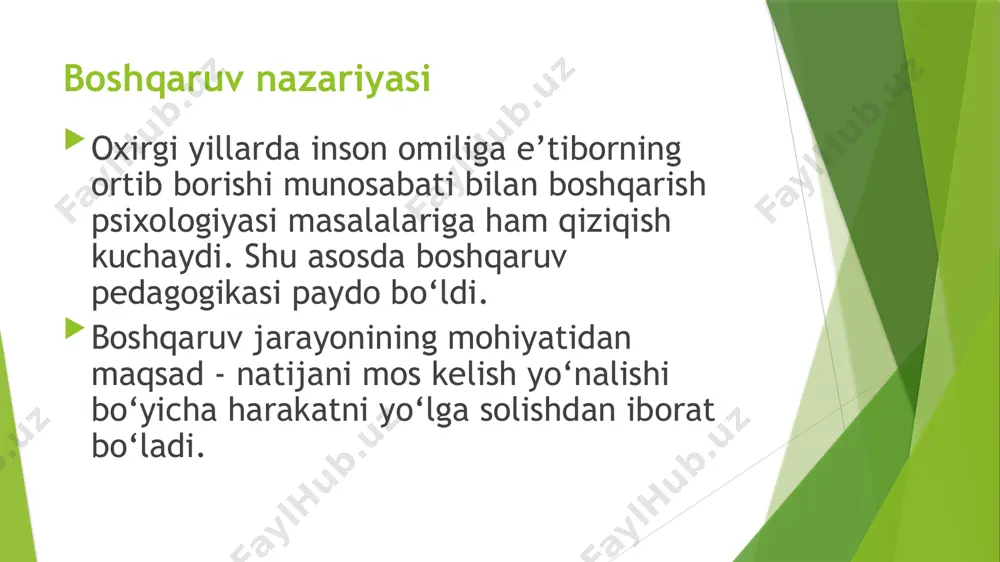 shorat qilish va loyihalash rejani ishlab chiqish uchun asos hisoblanadi. rejalashtirish - oldindagi o‘zaro bog‘liq pedagogik va o‘quv faoliyatining rejasini ishlab chiqishdan iborat bo‘ladi. u texnologik xarita ko‘rinishida rasmiylashtiriladi. tashkillashtirish - ta’lim beruvchi tomonidan talabalarni belgilangan ishga jalb qilish, belgilangan maqsadga erishishda ular bilan hamkorlik qilish. axborotli ta’minlash - o‘quv axboroti va qaytar aloqani yetkazib berishning yo‘l va vositalarini amalga oshirish. bunda yig‘ilgan axborot jarayonining borishini tezkorlikda o‘zgartirishni, ta’sir ko‘rsatadigan rag‘batlantiruvchi omillarni, samarali vositalarni kiritishga imkon beradi. nazorat, baholash va o‘zgartirish kiritish - rivojlanish jarayoniga ta’sir ko‘rsatadigan rag‘batlantiruvchi omillarni yaratish, pedagogik ta’sir etish obyekti o‘zgarishini muvofiqlash. tugallangan jarayon tahlili- samarasizlikni, ularni paydo bo‘lish sababini aniqlash, kelgusi takror ishlab chiqiladigan davrda unga yo‘l qo‘ymaslik choralarini aniqlash. jismoniy tarbiya va sport sohasida boshqaruv uslublari. sermahsul pedagogik muloqot mezonlaridan biri – bu o‘quv guruhida qulay ruhiy muhitni yaratish, ma’lum bir shaxslararo munosabatlarni shakllantirishdir. o‘quv guruhidagi shaxslararo munosabatlar haqiqatdan ham pedagog tomonidan maqsadli ravishda …