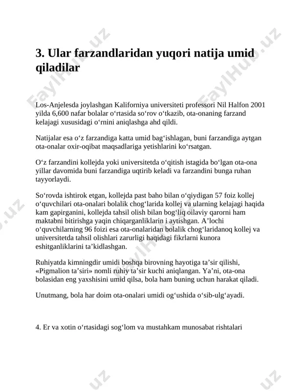va jismonan sog‘lom bo‘lib voyaga yetadi. illinoys universiteti kichik professori robert xyuz o‘tkazgan tadqiqot natijalariga ko‘ra, urush-janjal odatiy holga aylangan, ajrashib ketgan va muammolar girdobidagi xonadon farzandlari odamovi, ruhiy tushkun bo‘ladi va hayotda otasiz yoki onasiz o‘sgan bolalardan ham muvaffaqiyatsizroq bo‘lishadi. shu sababli, oilada turmush o‘rtog‘ingiz bilan sog‘lom va samimiy, baxtiyor munosabatlarni o‘rnating va farzandingiz ruhiyatiga ijobiy ta’sir qiling. 5. ularning bilim doirasi keng va darajasi yuqori bo‘ladi 2014 yilda michigan universiteti ruhshunosi sandra tang tomonidan tashkil etilgan tadqiqot natijalaridan ma’lum bo‘ldiki, kollejni tamomlagan onalarning aksariyatining farzandlari ham xuddi shu darajaga erishar ekanlar. mazkur tadqiqotga 1998 hamda 2007 yillar mobaynida maktabgacha ta’lim muassasasiga qatnagan 14 ming nafar o‘spirinlar jalb qilingan. olimlar so‘rovlar jarayonida qiziq bir jihatga duch kelishgan. ya’ni, 18 yoki undan yosh bo‘lgan onadan tug‘ilgan farzandda o‘zlashtirish ko‘rsatkichi juda past bo‘lib, ularning ko‘pchiligi maktabni zo‘rg‘a bitirgan va bir qismigina kollejga o‘qishga kirgan ekan. 2009 yilda bouling grin shtat universitetida …