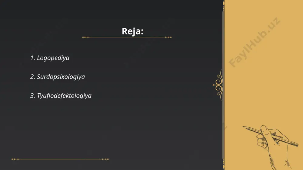mliligini yaxshilash va ekologik sharoitlarga moslashtirish uchun asos yaratadi. tadqiqotlar davomida gen analizi va selektsiya usullari qo'llaniladi. tyuflodefektologiyaning o'ziga xos vazifalari genetik nuqsonlarni aniqlash, ularning organizga ta'sirini o'rganish va yangi, sog'lom urug' navlarini yaratishga yo'naltirilgan. so'nggi yillarda texnologik yutuqlar, jumladan, molekulyar biologiya va genetik muhandislik, bu sohani sezilarli darajada rivojlantirdi. ... t.me/slaydai_bot 4. oligofrenopedagogika oligofrenopedagogika ruhiy rivojlanishida orqada qolgan bolalar bilan ishlashga yo‘naltirilgan maxsus pedagogika sohasi hisoblanadi. bu soha intellektual nogironlikni ilk bosqichlarida aniqlash va uni tuzatishga yordam beradi. oligofrenopedagogikada asosan 3 darajadagi aqliy rivojlanishida nuqsoni bor bolalar bilan ishlanadi: engil, o‘rtacha va chuqur darajadagi oligofreniyalar. o‘qitish va tarbiya jarayonida differensial va individual yondashuvlar qo‘llaniladi. oligofrenopedagoglar bolalar uchun mo‘ljallangan maxsus dasturlar va texnologiyalarni ishlab chiqib, ularni ijtimoiy muhitga moslashtirishga yordam beradi. bu soha bo‘yicha mutaxassislar maxsus tayyorgarlikdan o‘tadi va ularning mehnati ko‘p mehnat talab qiladi. ... t.me/slaydai_bot ortopedagogika - bu ta'lim va tarbiya jarayonida psixologik yoki jismoniy qiyinchiliklarga duch keladigan …