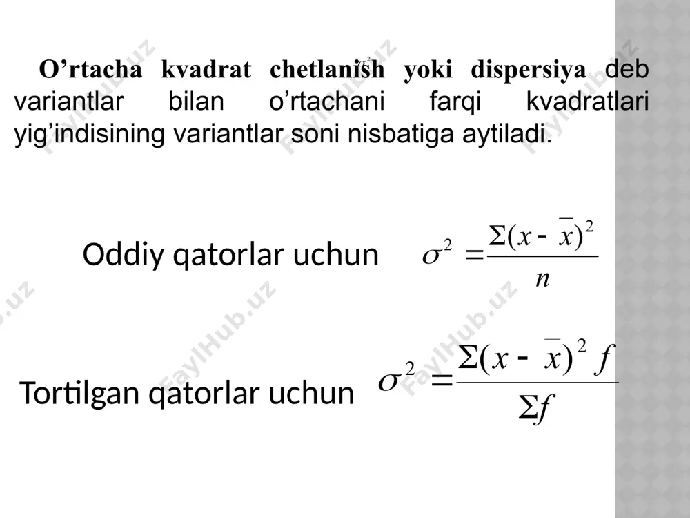 tandart chetlanishini hisoblashdir. tanlama to’plamning standart chetlanishi ,s, tanlama to’plam dispersiyasi s 2 ning musbat ildizi sifatida aniqlanadi yoki matematik jihatdan , 2ss σ 2 (sigma kvadrat) belgisi bilan belgilanadigan bosh to’plam dispersiyasi to’plamdagi barcha birliklarning o’rtacha, µ dan kvadrat chetlanishlarining o’rtachasidir va σ (sigma) esa ushbu miqdorning kvadrat ildizidir. dispersiya va standart chetlanish uchun belgilar s 2 =tanlama to’plam dispersiyasi s=tanlama to’plam standart chetlanishi σ 2 =bosh to’plam dispersiyasi σ=bosh to’plam standart chetlanishi e’tibor bersangiz, dispersiyadan farqli ravishda, standart chetlanish - ko’rsatkichlarning haqiqiy birligida ifodalanadi . masalan, agar haqiqiy ko’rsatkichlar dollarda bo’lsa, dispersiya mahsus birliklar “dollar kvadratlarda” ifodalanadi, lekin standart chetlanish dollarlarda ifodalanadi . biz tanlama to’plam dispersiyasini hisoblashda nima uchun nning o’rniga (n- 1) bo’luvchidan foydalanishimizni bilishga qiziqayotgan bo’lishingiz mumkin.tanlama to’plam dispersiyasi o’rtachadan kvadratik o’rtacha oraliq bo’lishi uchunndan foydalanish mantiqiyroq emasmi ? muammo shundaki, ndan foydalanish bosh to’plam disp ersiyasi σ 2 ning kattaroq qiymat qabul qilishiga olib …