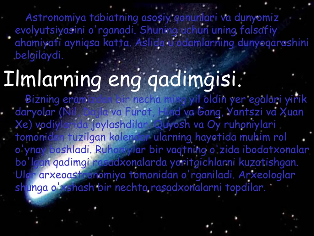 ni ertalab u yorug'lik nurlarini yutib yuboradi va har oqshom ularni yana tug'adi, deb ishonishgan. uning bu odati tufayli nut va geb bir marta janjallashib qolishdi. keyin ularning otasi shu, havo, osmonni yerdan yuqoriga ko'tarib, turmush o'rtoqlarni ajratdi. nut ra (quyosh) va yulduzlarning onasi edi va ular ustidan hukmronlik qildi. ra, o'z navbatida, totni (oy) tungi osmonda o'zining o'rinbosari sifatida yaratdi. boshqa bir afsonaga ko'ra, ra suzadi samoviy nil bo'ylab va yerni yoritadi, kechqurun esa duoga (jahannamga) tushadi. u bor er osti nil bo'ylab sayohat, zulmat kuchlari bilan jang qilish, shuning uchun ertalab ufqda yana paydo bo'ladi. dunyoning geosentrik tizimi miloddan avvalgi ii asrda. yunon olimi ptolemey o'zining "dunyo tizimini" ilgari surdi. u sayyoralar harakatining zohiriy murakkabligini hisobga olib, olam tuzilishini tushuntirishga harakat qildi. yer sharsimon ekanligini hisobga olsak, uning o'lchamlari sayyoralar va yulduzlargacha bo'lgan masofalarga nisbatan ahamiyatsiz. biroq, ptolemey, aristotelga ergashib, yer koinotning sobit markazi ekanligini ta'kidladi, uning dunyo …