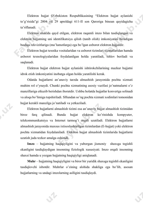 esa faqat xml kengaytmali fayl shaklida bo'lishi mumkin. elektron hujjat aylanishi nima oddiy so'zlar bilan gapiradigan bo'lsak , elektron hujjat aylanishi birja hisoblanadi elektron hujjatlar bo'ylab mahalliy tarmoq, internet yoki boshqa kanallar. elektron hujjat aylanishi tashkilot ichida ham, kompaniyalar o'rtasida ham amalga oshirilishi mumkin. elektron hujjat aylanishi nafaqat hujjatlarni almashish, balki qog'oz tashuvchilardan foydalanmasdan ishni tashkil qilish imkonini beradi: hujjatlarni qidirish, hisobotlarni tuzish, arxivlash va boshqalar. bir kompaniya boshqa elektron hujjat yuboradi. qabul qiluvchi uni bir necha soniya ichida shaxsiy kompyuterida oladi. bu vaqtda operator hujjat tasdiqlangan elektron imzoni va hujjat formati qonun talablariga muvofiqligini avtomatik tekshirishni amalga oshiradi. statuslar yordamida jo'natuvchi hujjat qanday harakatlanayotganini ko'rishi mumkin. elektron hujjat aylanishining afzalliklari elektron hujjat aylanishining asosiy afzalliklari quyidagilardan iborat: 1. elektron arxivda hujjatlarni markazlashtirilgan, tizimlashtirilgan va tizimlashtirilgan holda saqlash; 2. qog'oz schyot-fakturalarni chop etish, pochta jo'natish va saqlash xarajatlarini kamaytirish; 3. hujjatni shakllantirish va qayta ishlash (ro'yxatga olish, tasdiqlash va boshqalar) …