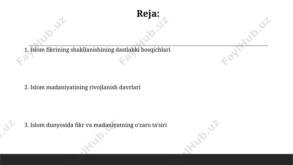 di. islom dunyosida yangilanish va islohot harakatlari 18-19-asrlar davrida usmoniylar imperiyasida tanzimot islohotlari davlat boshqaruvi, ta’lim va iqtisodiyot sohalariga ta’sir ko'rsatib, g'arblashuvga moyillikni kuchaytirdi. muhammad abduhu kabi misrlik mutafakkirlarning 19-asrda islomiy fikrni yangilash bo'yicha harakatlari, islom huquqini qayta talqin qilish va zamonaviy muammolarga javob topishga qaratildi. islom oltin asri: fikr va madaniyatning gullab-yashnashi islom oltin asrida matematika, astronomiya va tibbiyot kabi sohalarda al-xorazmiy, ibn sino va al-biruniy kabi allomalar tomonidan 500 dan ortiq muhim ilmiy asarlar yaratildi. islomning oltin asrida 8-13-asrlar oraligʻida bagʻdod, damashq va kordoba kabi yirik shaharlarda ilm-fan, adabiyot va sanʼatning ajoyib namunalari yaratildi. islom fikrining shakllanishining dastlabki bosqichlari islomning dastlabki davrida, milodiy 7-asrda, makka va madina shaharlarida paygʻambar muhammad (s.a.v.)ning vahiy qabul qilishi va uni targʻib qilishi orqali asosiy islom ta’limlari shakllandi. 750-yildan keyin, xalifa umar ibn abdulaziz davrida, damashq va bagʻdod kabi yirik shaharlarda isom ta’limoti va madaniyati rivojlana boshladi, bir qancha kutubxonalar tashkil etildi. e'tiboringiz …