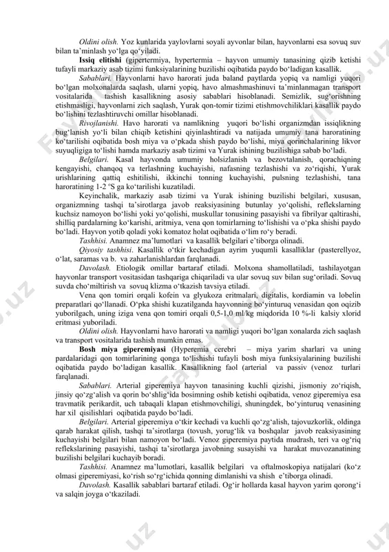 ari funksiyalarining susayishi uning ta’sirida bo‘lgan po‘stloq osti (vegetativ markazlarining uning boshqaruvidan chiqib ketishiga hamda ushbu markazlarda qo‘zg‘aluvchanlikning oshishiga sabab bo‘ladi. oqibatda qon tomirlar spazmi, oshqozon va ichaklar sekretsiyasi hamda motorikasining buzilishi, shuningdek, sezgi, harakat a’zolari hamda ichki sekretsiya bezlari funksiyalarining buzilishlari ro‘y beradi. fermalardagi an’anaviy shart-sharoitlarning o‘zgarishi va yuqori mahsuldor hayvonlar guruhini yaratish maqsadida o‘tkaziladigan genetik tanlashlar ko‘p hollarda markaziy asab tizimi funksional holatining pasayishi va asab tizimi kasalliklarining kelib chiqishiga sabab bo‘ladi. markaziy asab tizimining faqat funksional o‘zgarishlar bilan o‘tadigan kasalliklariga stress sindromlari, nevrozlar, tutqanoq bilan o‘tadigan turli patologik holatlar (epilepsiya, eklampsiya, katalepsiya va b. kiradi. oftob urishi (giperinsolyasiya, gelioz, heliosis – quyosh nurlarining (asosan infraqizil hayvonning bosh sohasiga to‘g‘ridan-to‘g‘ri ta’siri tufayli bosh miya yarim sharlarining kuchli qizib ketishi oqibatida paydo bo‘ladigan kasallik. sabablari. hayvonlarni uzoq muddat davomida tik tushuvchi quyosh nurlari tagida, ayniqsa, yozning jazirama issiq kunlarida, saqlash, yaylovlarda soyali ayvonlarning etishmasligi oftob urishiga sabab bo‘ladi. uzoq …